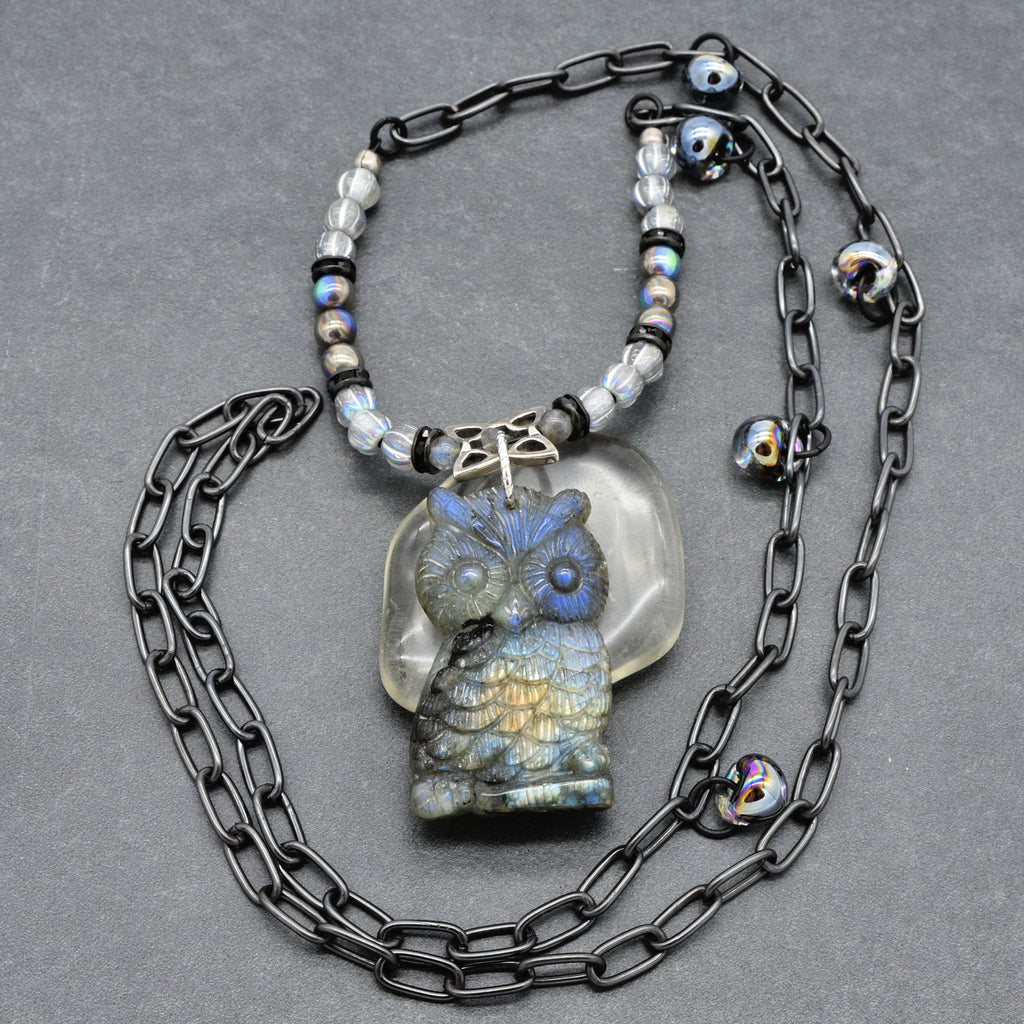 One of a kind art you can wear featuring a labradorite carved owl focal, Czech glass, noir chain - made by Ruby Acorn