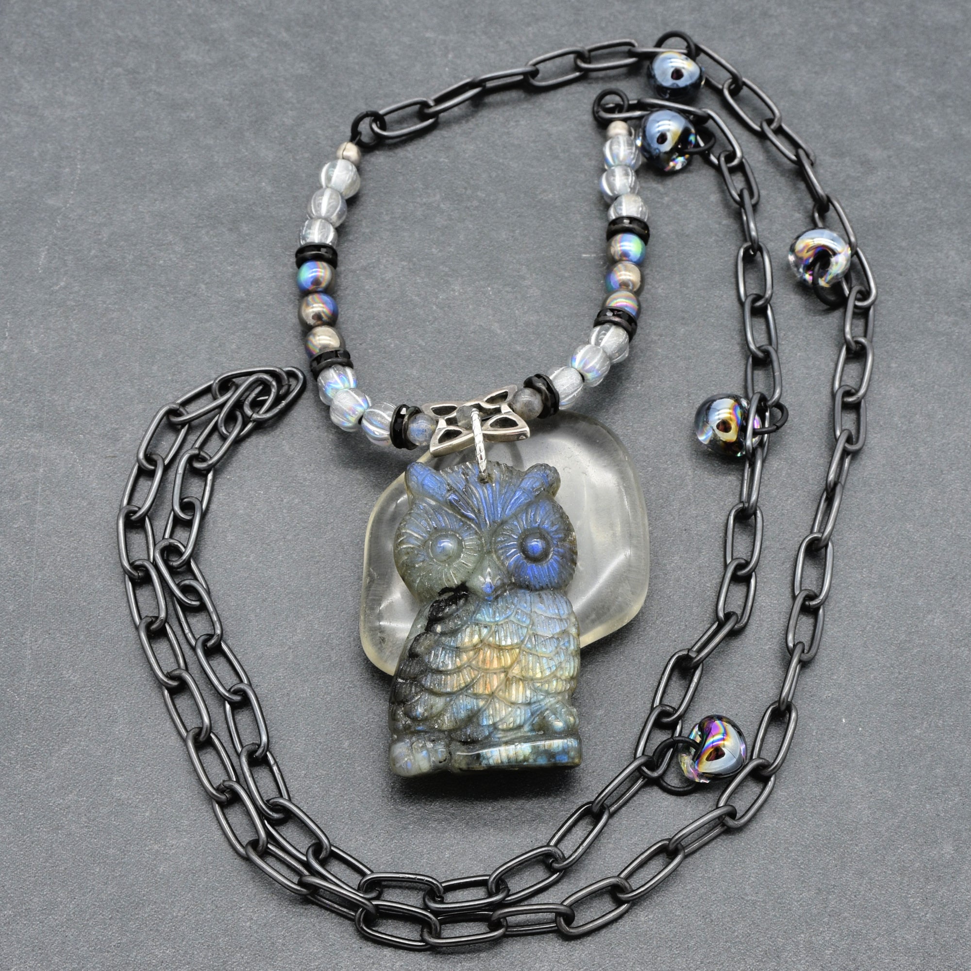 One of a kind art you can wear featuring a labradorite carved owl focal, Czech glass, noir chain - made by Ruby Acorn