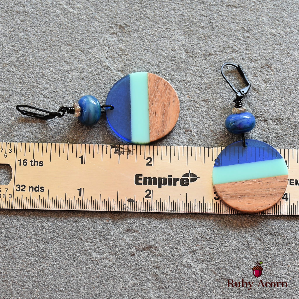 Ocean Blue Dangle Handmade Earrings, Artisan Lampwork Glass, Wood Resin Charms.