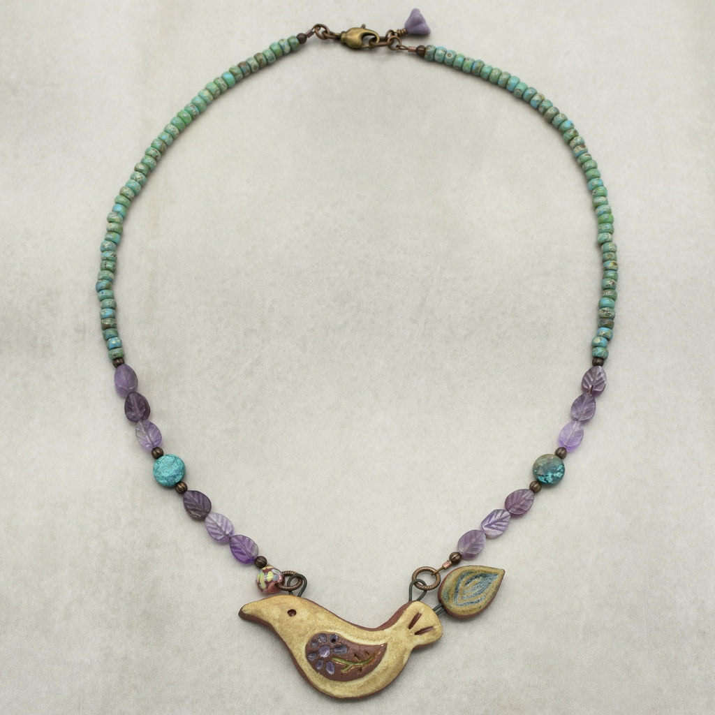 Of a Feather Necklace - Handmade Artisan Ceramic Bird Focal Amethyst Chrysocolla