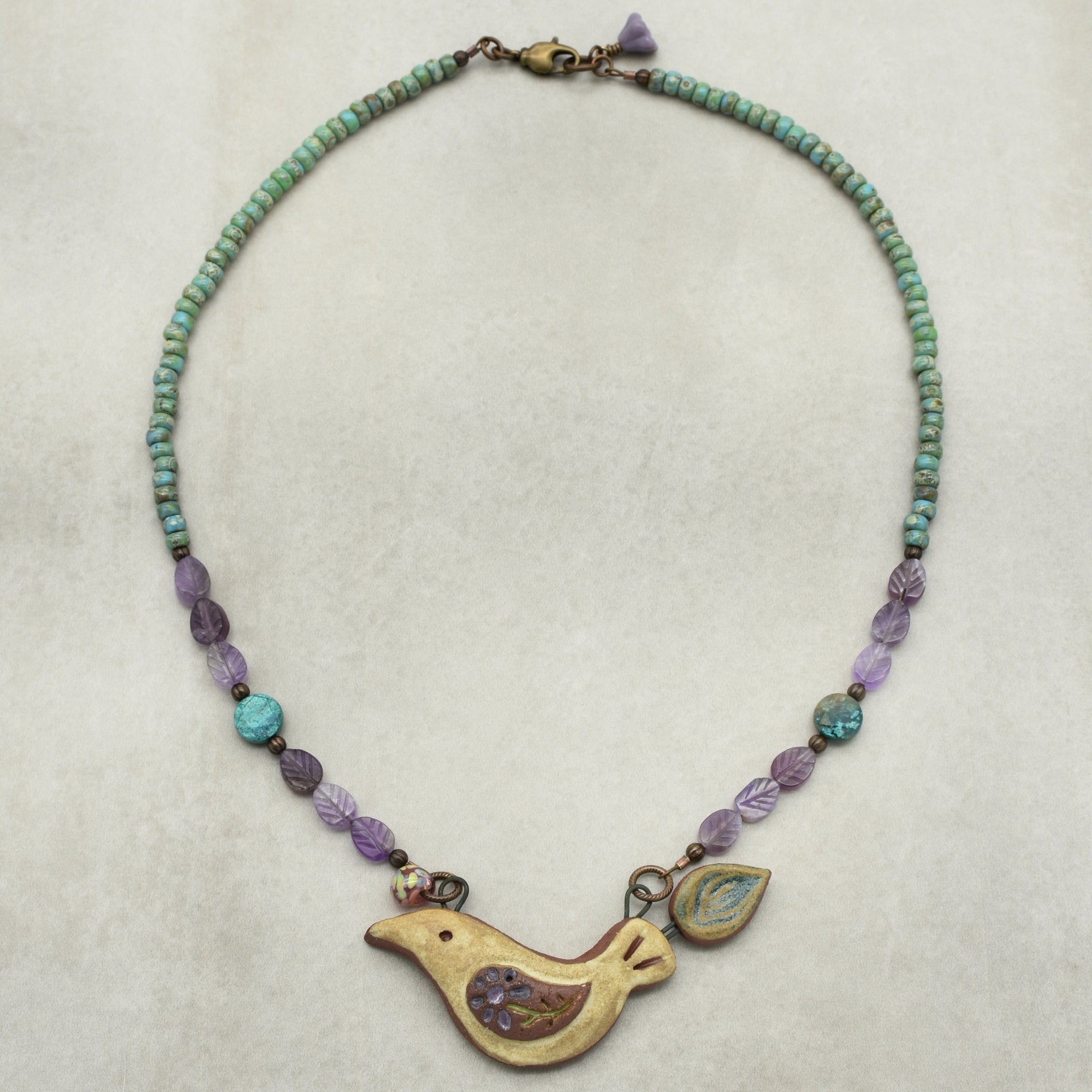 Of a Feather Necklace - Handmade Artisan Ceramic Bird Focal Amethyst Chrysocolla