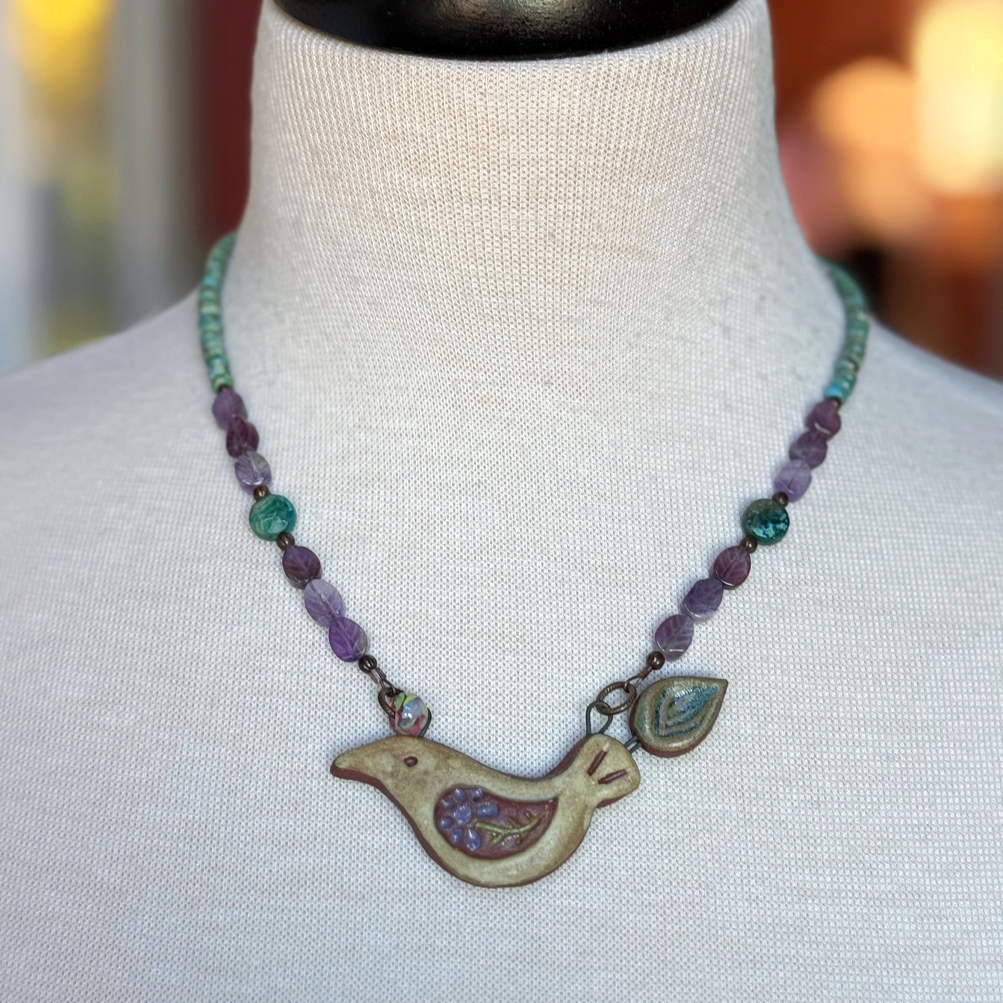 Of a Feather Necklace - Handmade Artisan Ceramic Bird Focal Amethyst Chrysocolla