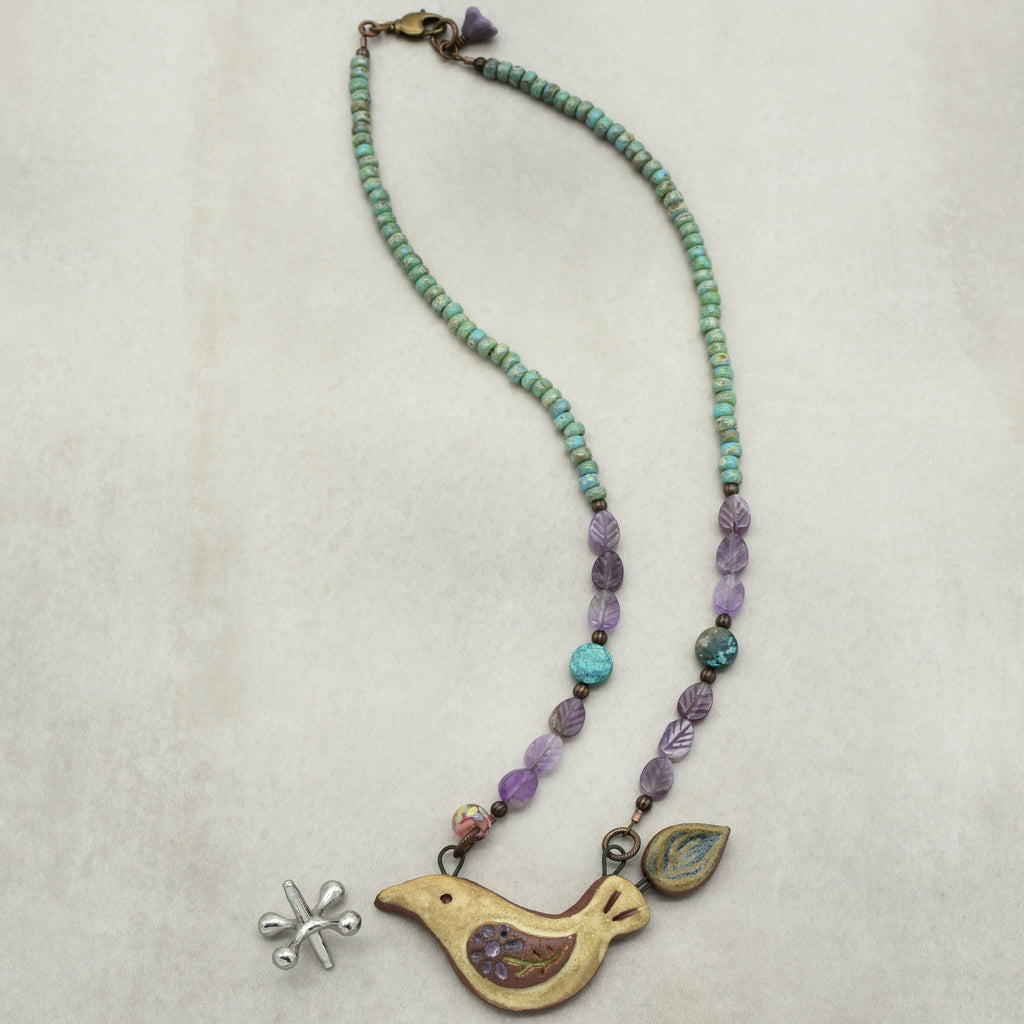 Of a Feather Necklace - Handmade Artisan Ceramic Bird Focal Amethyst Chrysocolla