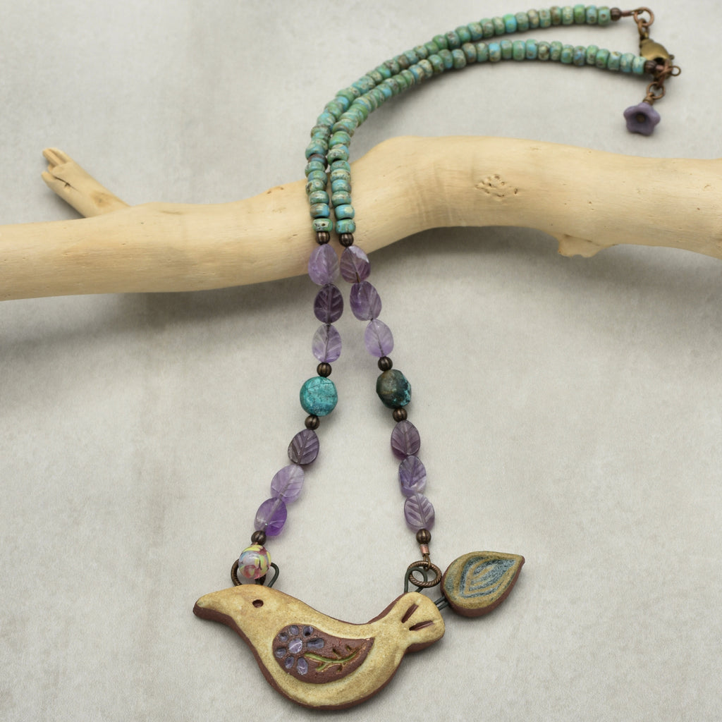 Of a Feather Necklace - Handmade Artisan Ceramic Bird Focal Amethyst Chrysocolla