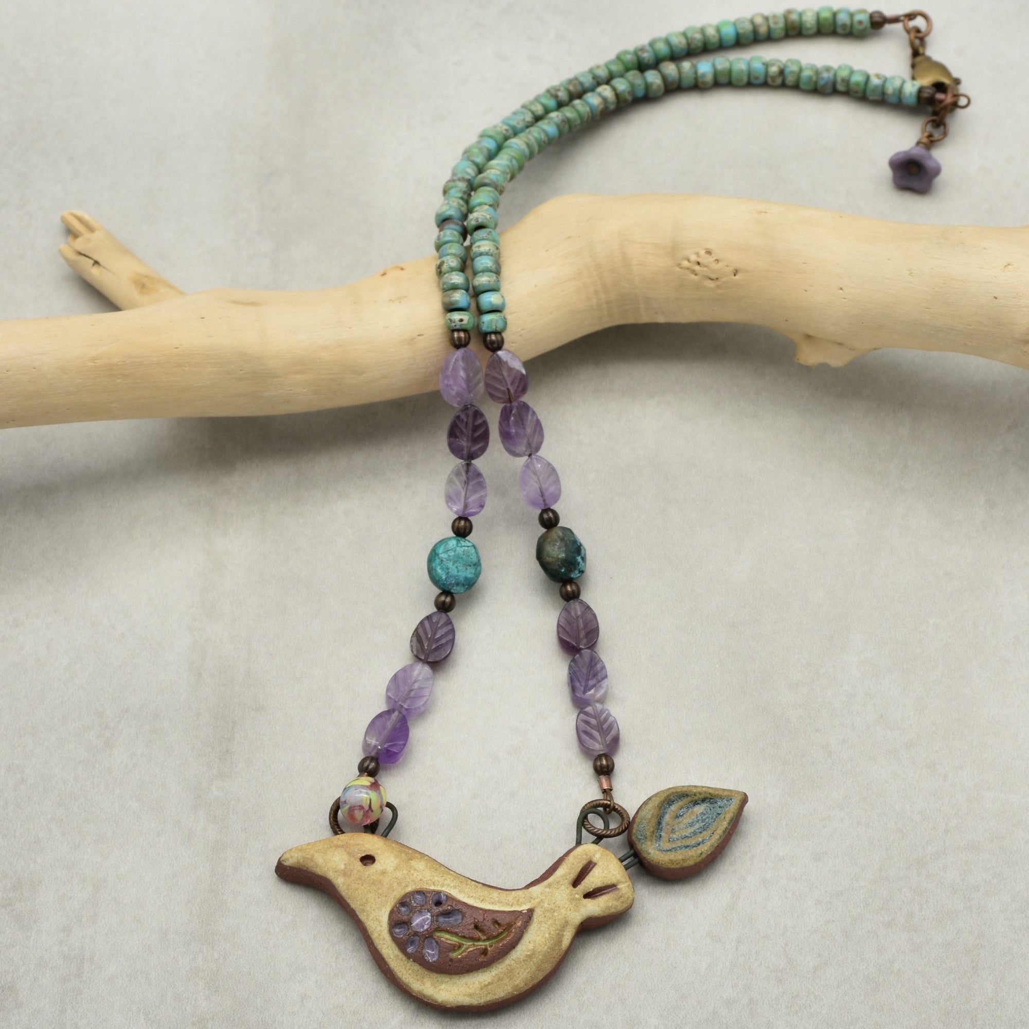 Of a Feather Necklace - Handmade Artisan Ceramic Bird Focal Amethyst Chrysocolla