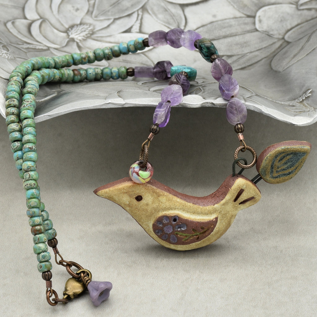Of a Feather Necklace - Handmade Artisan Ceramic Bird Focal Amethyst Chrysocolla