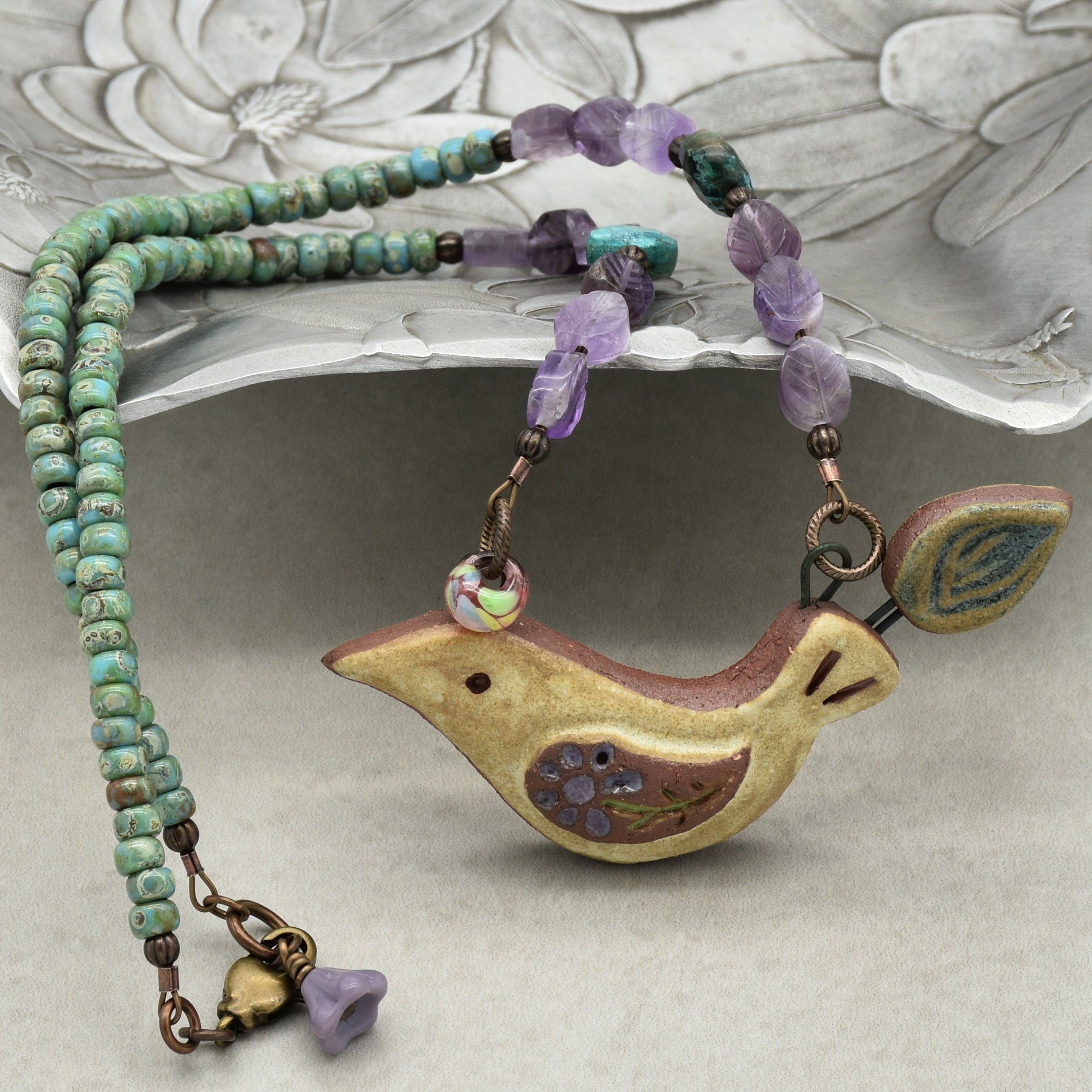 Of a Feather Necklace - Handmade Artisan Ceramic Bird Focal Amethyst Chrysocolla