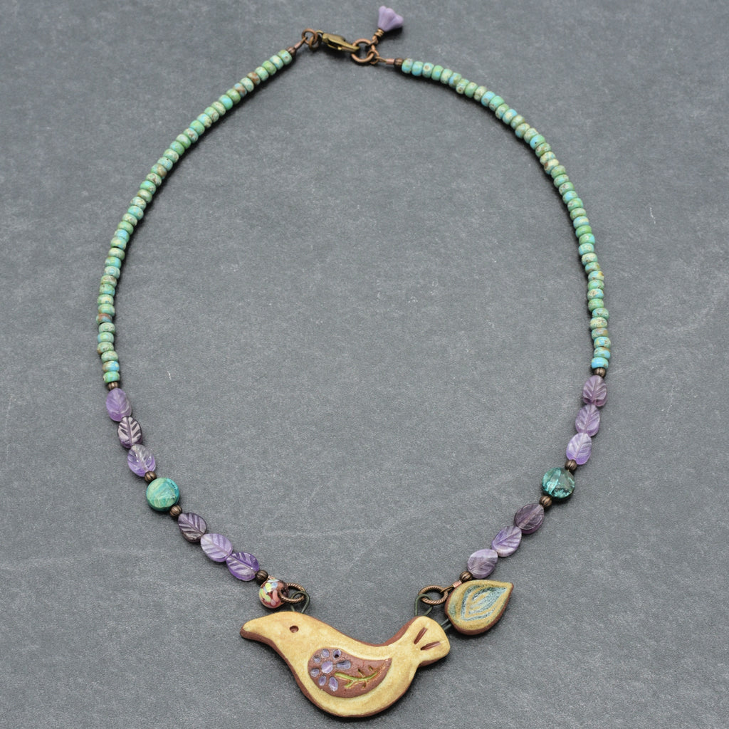Of a Feather Necklace - Handmade Artisan Ceramic Bird Focal Amethyst Chrysocolla