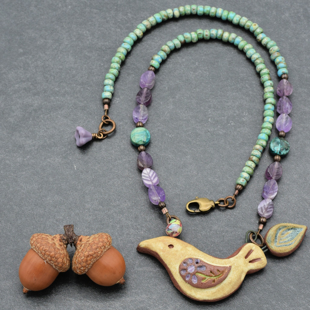 Of a Feather Necklace - Handmade Artisan Ceramic Bird Focal Amethyst Chrysocolla
