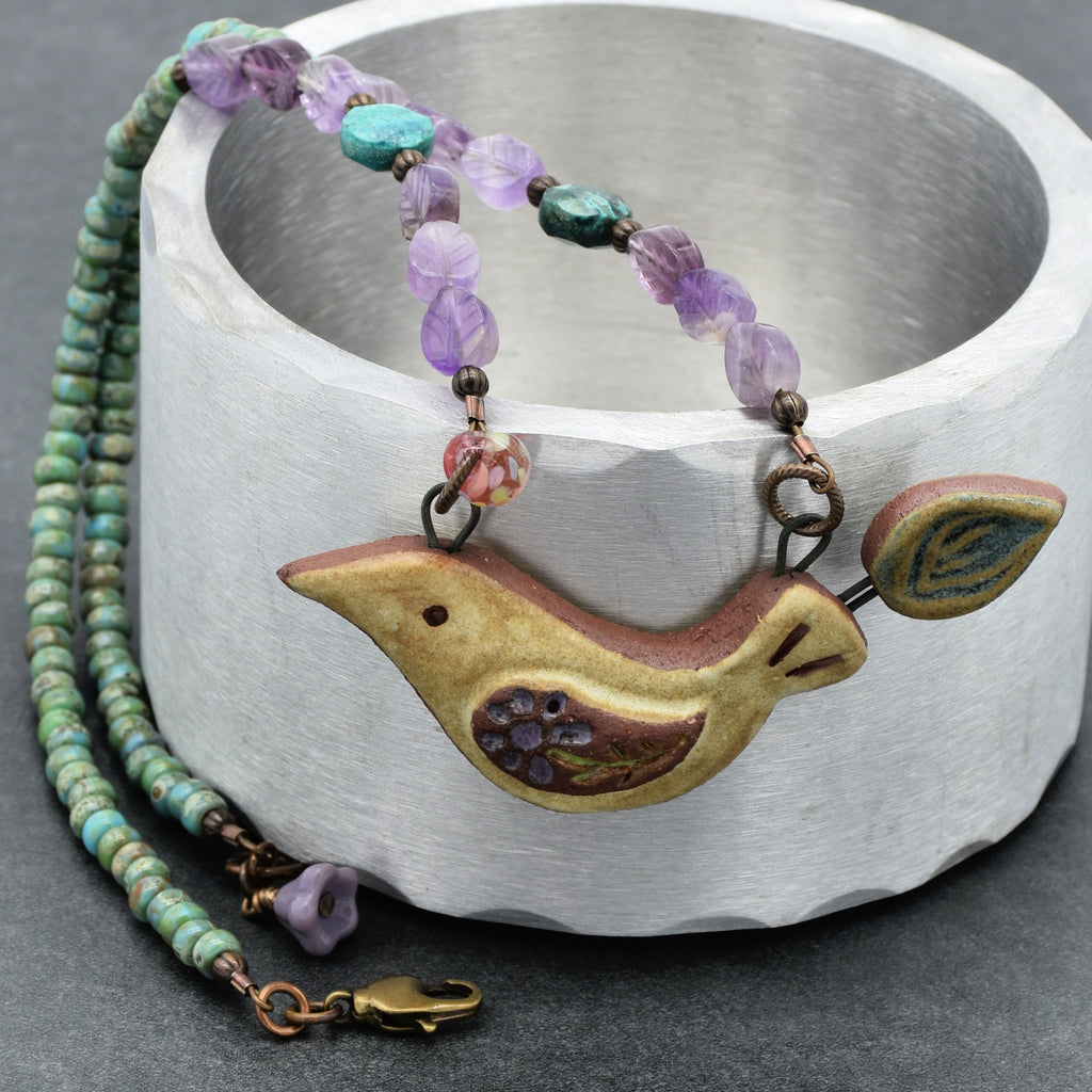 Of a Feather Necklace - Handmade Artisan Ceramic Bird Focal Amethyst Chrysocolla