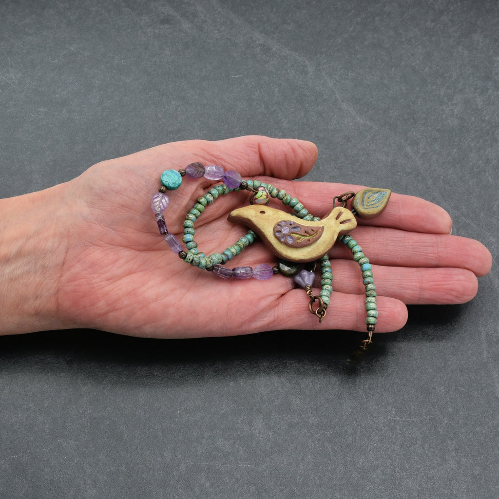 Of a Feather Necklace - Handmade Artisan Ceramic Bird Focal Amethyst Chrysocolla