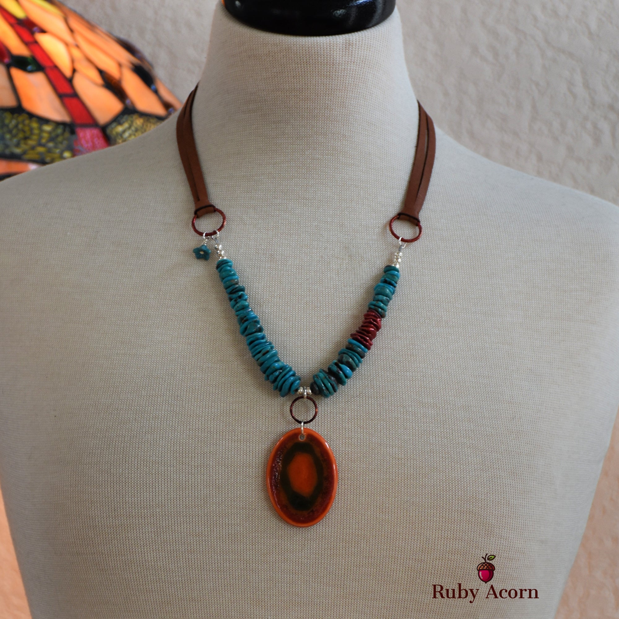 Orange Crush Sunrise Handmade Beaded Necklace with Artisan Ceramic Focal, Authentic Turquoise, Heishi Pearls, Sterling Silver, Leather Lace