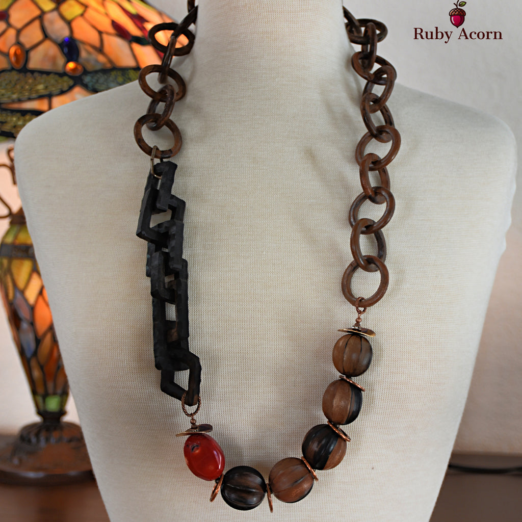 Oya Handmade Beaded Statement Necklace with Coral, Natural Wood, and Chunky Wood Chains