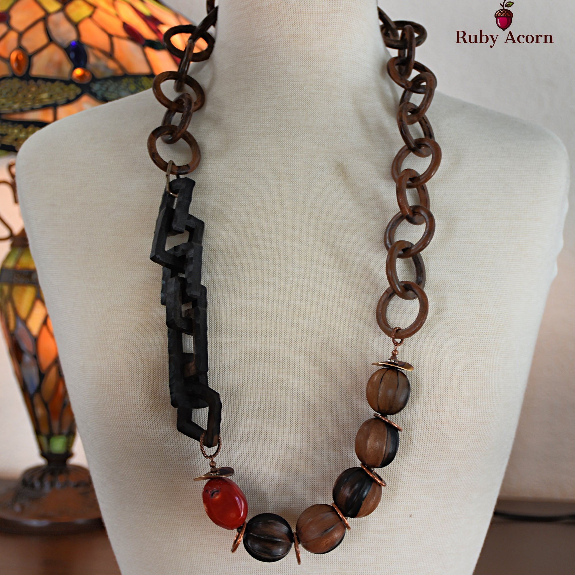 Oya Handmade Beaded Statement Necklace with Coral, Natural Wood, and Chunky Wood Chains