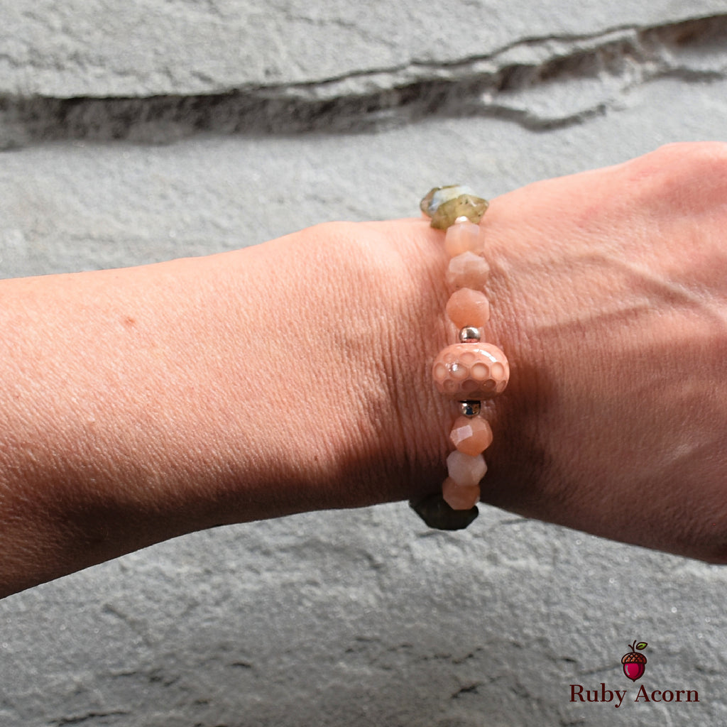 Peaches Handmade Beaded Bracelet with Artisan Lampwork Glass, Peach Moonstone, Labradorite, Sterling Silver