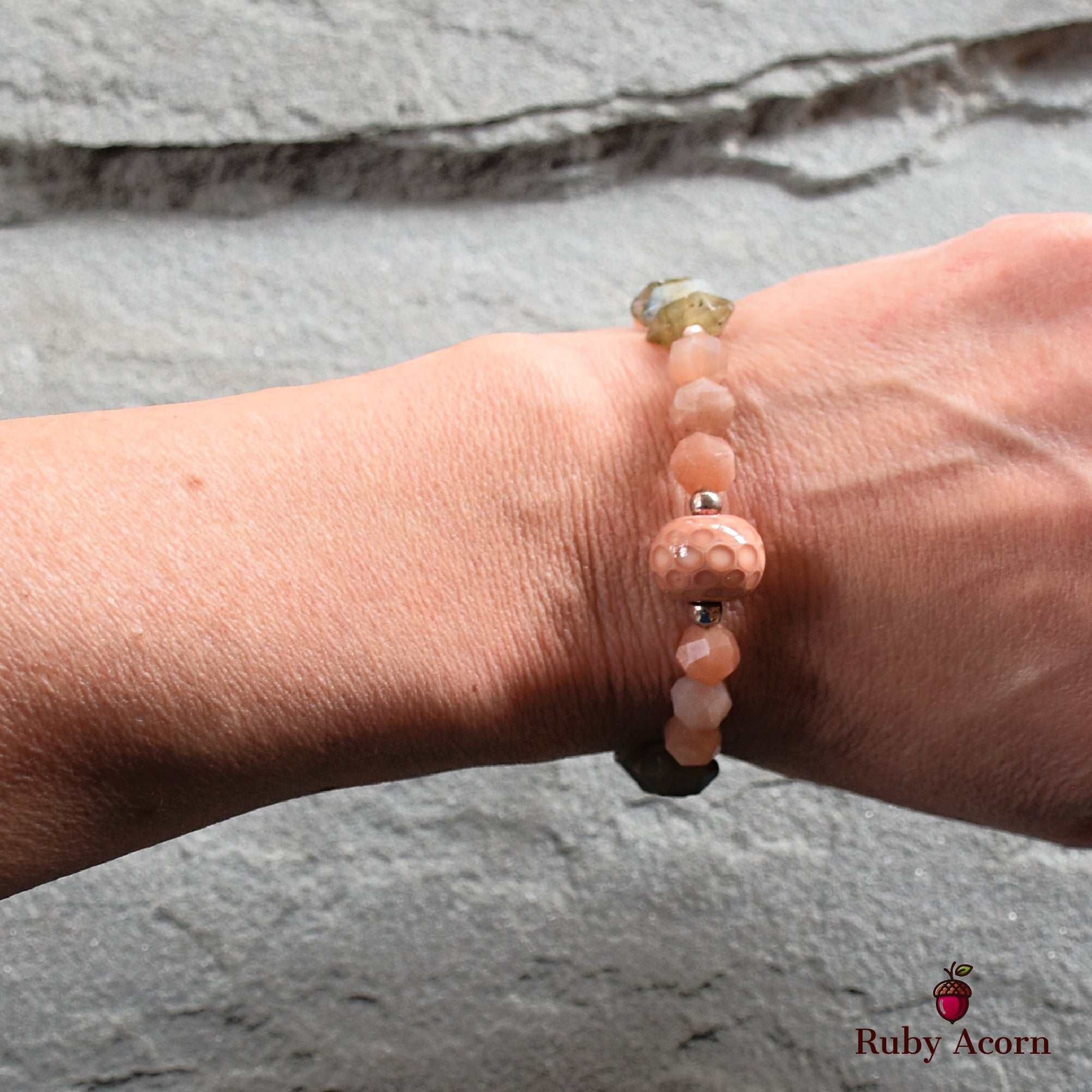 Peaches Handmade Beaded Bracelet with Artisan Lampwork Glass, Peach Moonstone, Labradorite, Sterling Silver