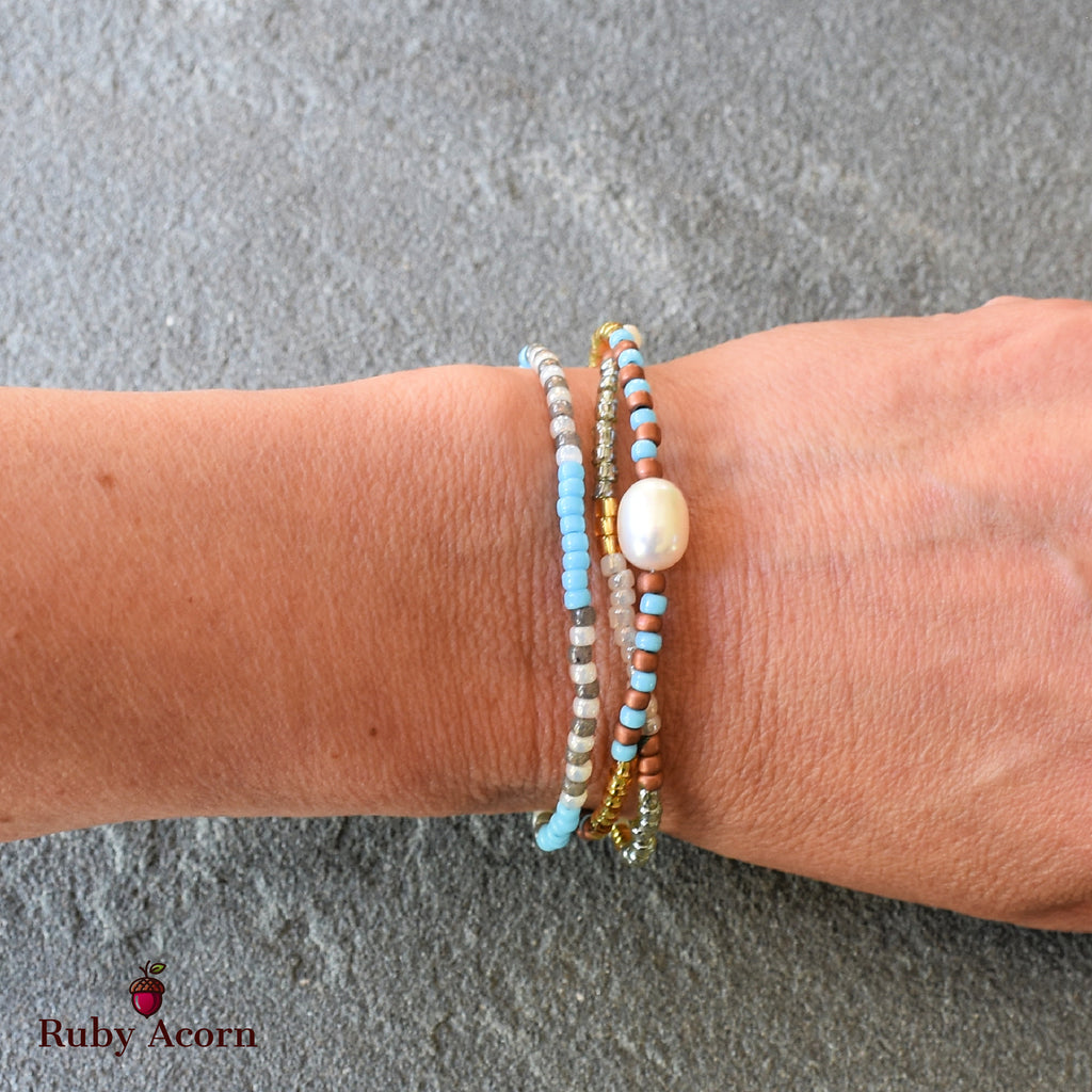 Perla Handmade Beaded Bracelet with Fresh Water Pearl, Toho Glass Seed Beads, Czech Glass, Antique Copper Finish Findings