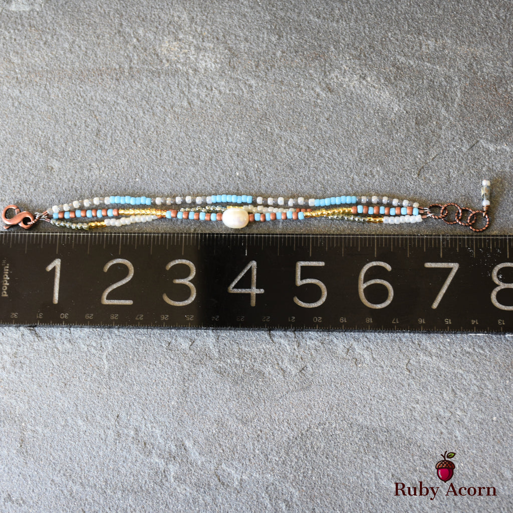 Perla Handmade Beaded Bracelet with Fresh Water Pearl, Toho Glass Seed Beads, Czech Glass, Antique Copper Finish Findings