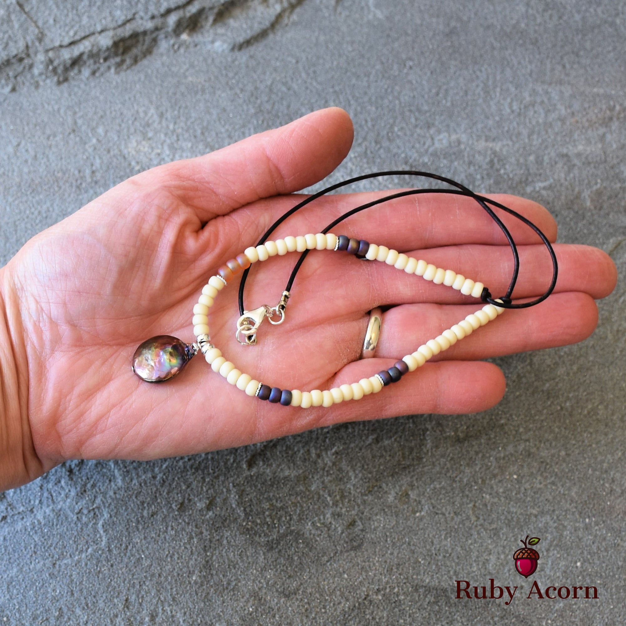 Perlita Azul Handmade Statement Necklace with Fresh Water Coin Pearl, Glass Seed Beads, Sterling Silver and Chocolate Leather Cord