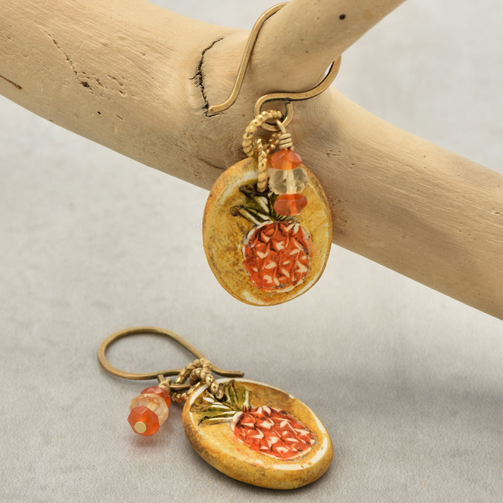 Handmade Pineapple charm earrings with brass ear wires on a branch - made with love by Ruby Acorn