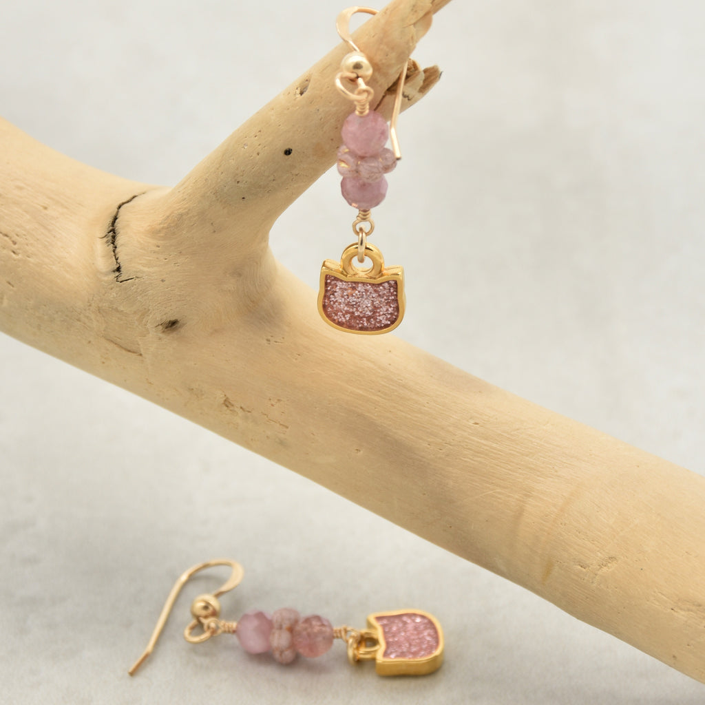 Lovely delicate pink dangle earrings with cat charms, pink tourmaline, and gold ear wires on a branch - handmade with love by Ruby Acorn