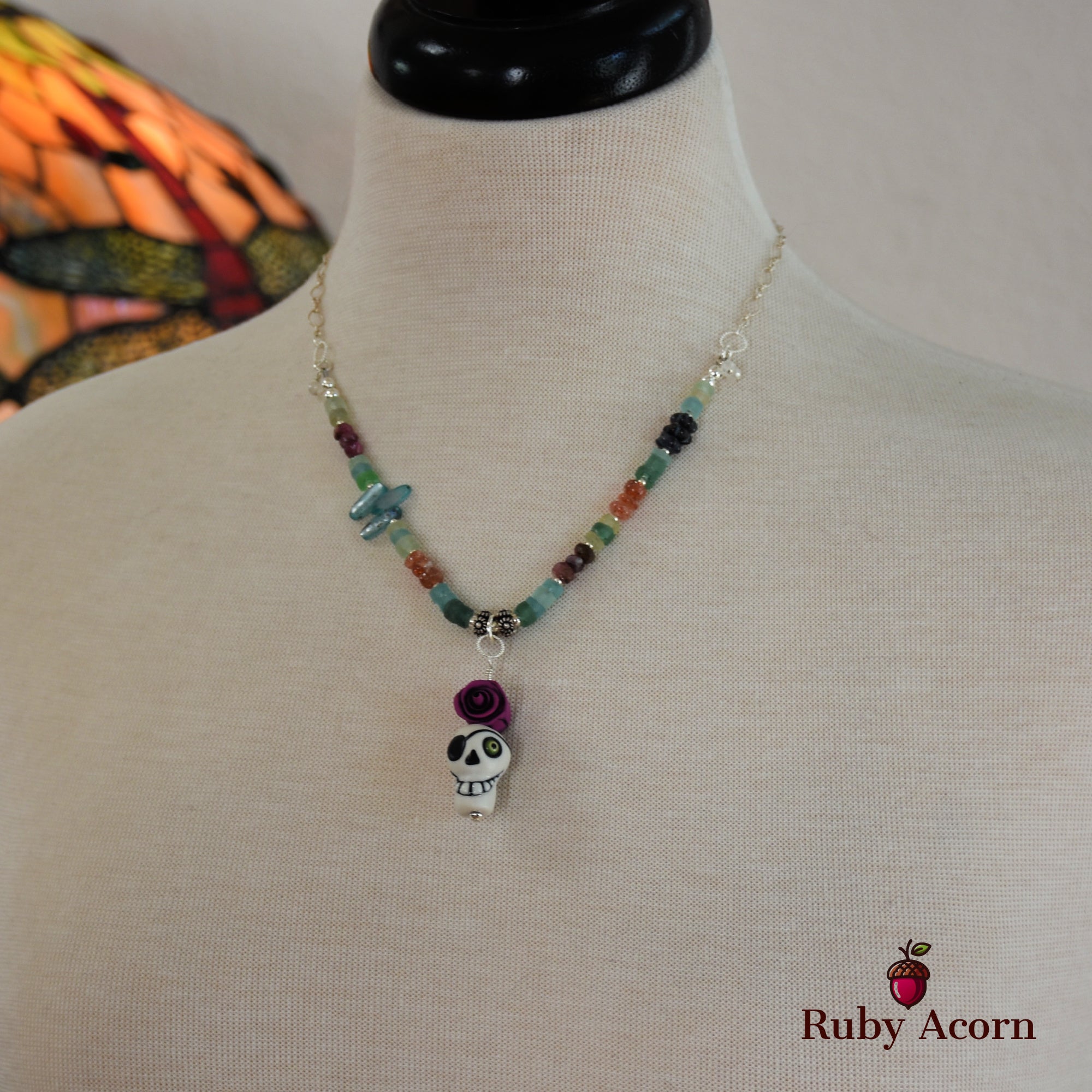 Pirate Life for Me Handmade Beaded Necklace. Artisan Sugar Skull, Roman Glass, Pink Tourmaline, Sterling Silver