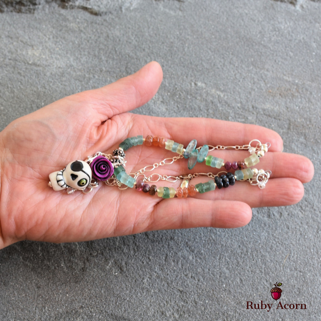 Pirate Life for Me Handmade Beaded Necklace. Artisan Sugar Skull, Roman Glass, Pink Tourmaline, Sterling Silver