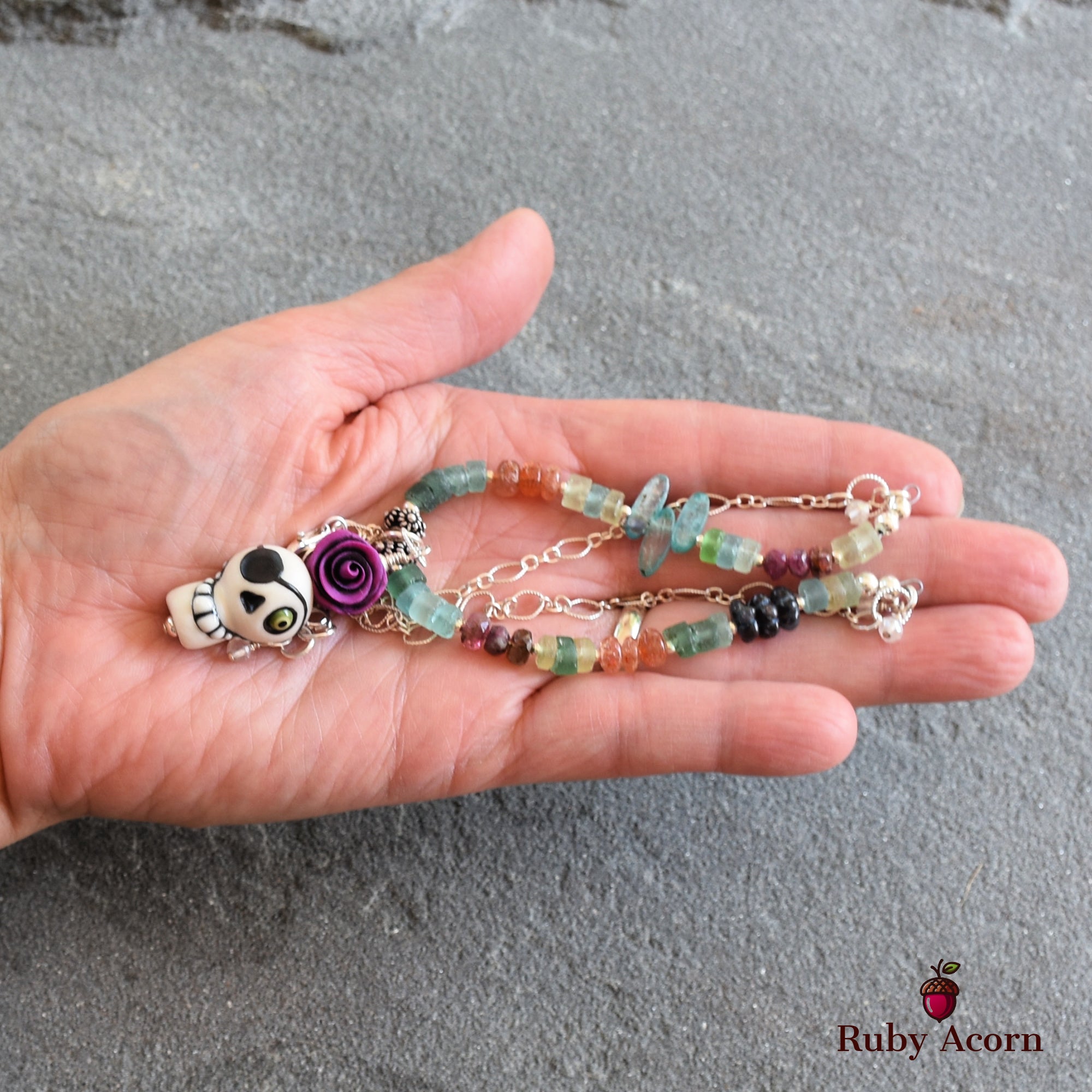 Pirate Life for Me Handmade Beaded Necklace. Artisan Sugar Skull, Roman Glass, Pink Tourmaline, Sterling Silver