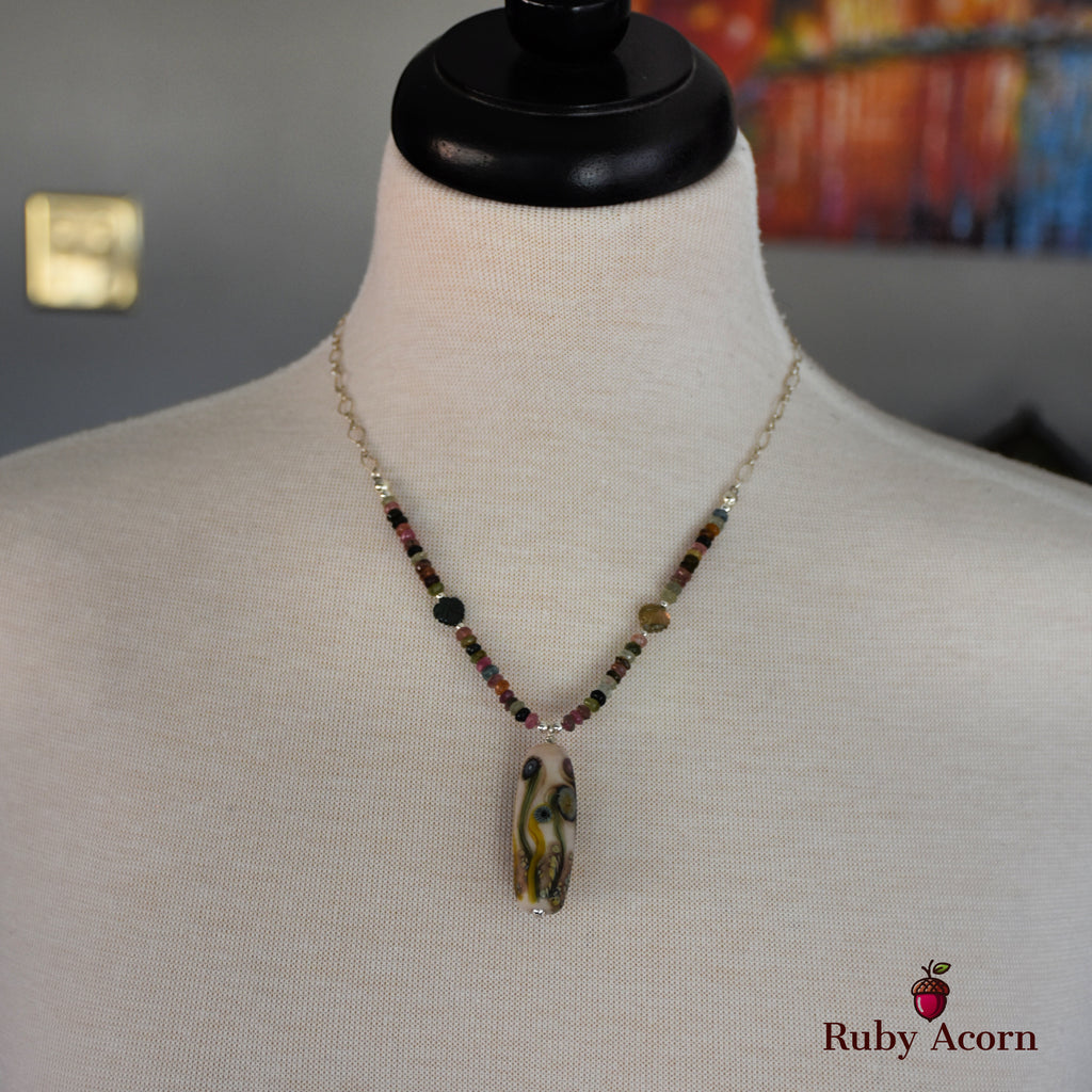 Pocketful of Posies Handmade Beaded Necklace. Artisan Lampwork Glass, Rainbow Tourmaline, Sterling Silver