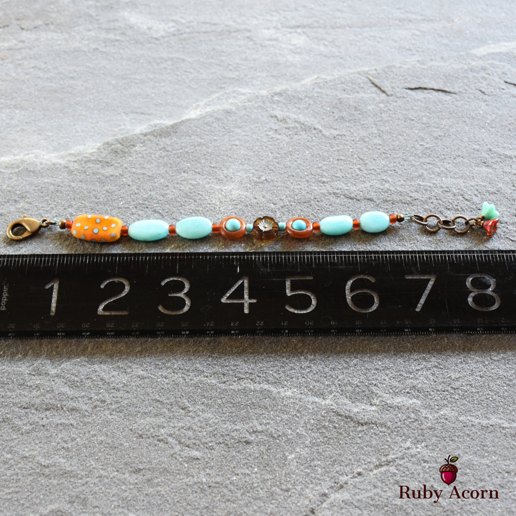 Polka Dots Handmade Beaded Bracelet with Artisan Lampwork Glass, Peruvian Amazonite, Turquoise and Horn