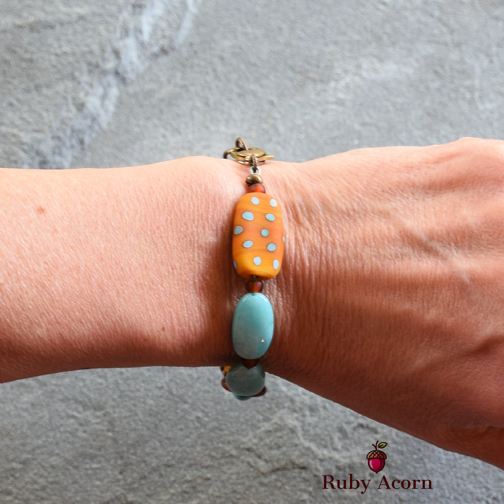 Polka Dots Handmade Beaded Bracelet with Artisan Lampwork Glass, Peruvian Amazonite, Turquoise and Horn