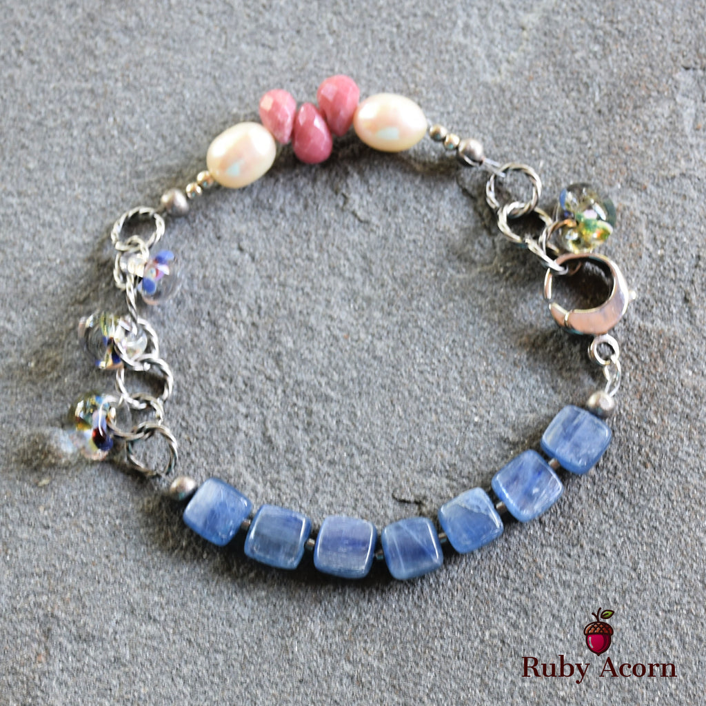 Potpourri Sachet Handmade Beaded Bracelet with Blue Kyanite, Fresh Water Pearls, Rhodochrosite, and Lampwork Glass