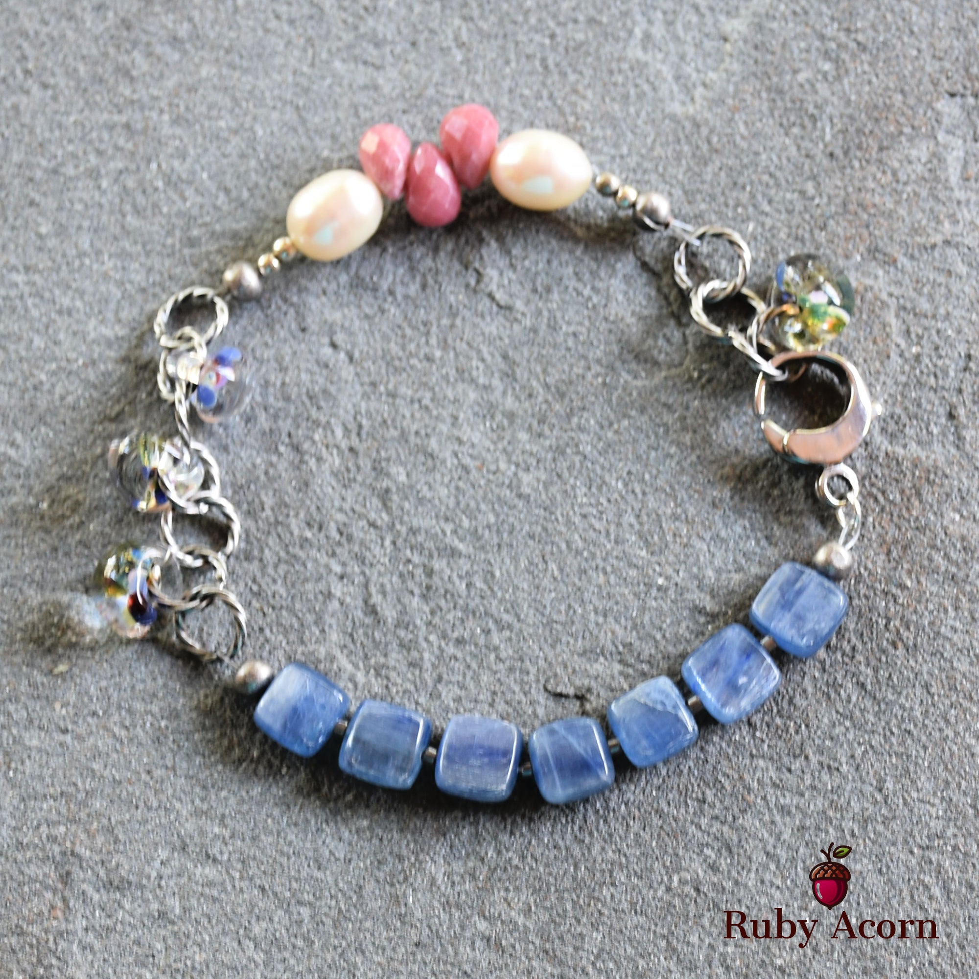 Potpourri Sachet Handmade Beaded Bracelet with Blue Kyanite, Fresh Water Pearls, Rhodochrosite, and Lampwork Glass
