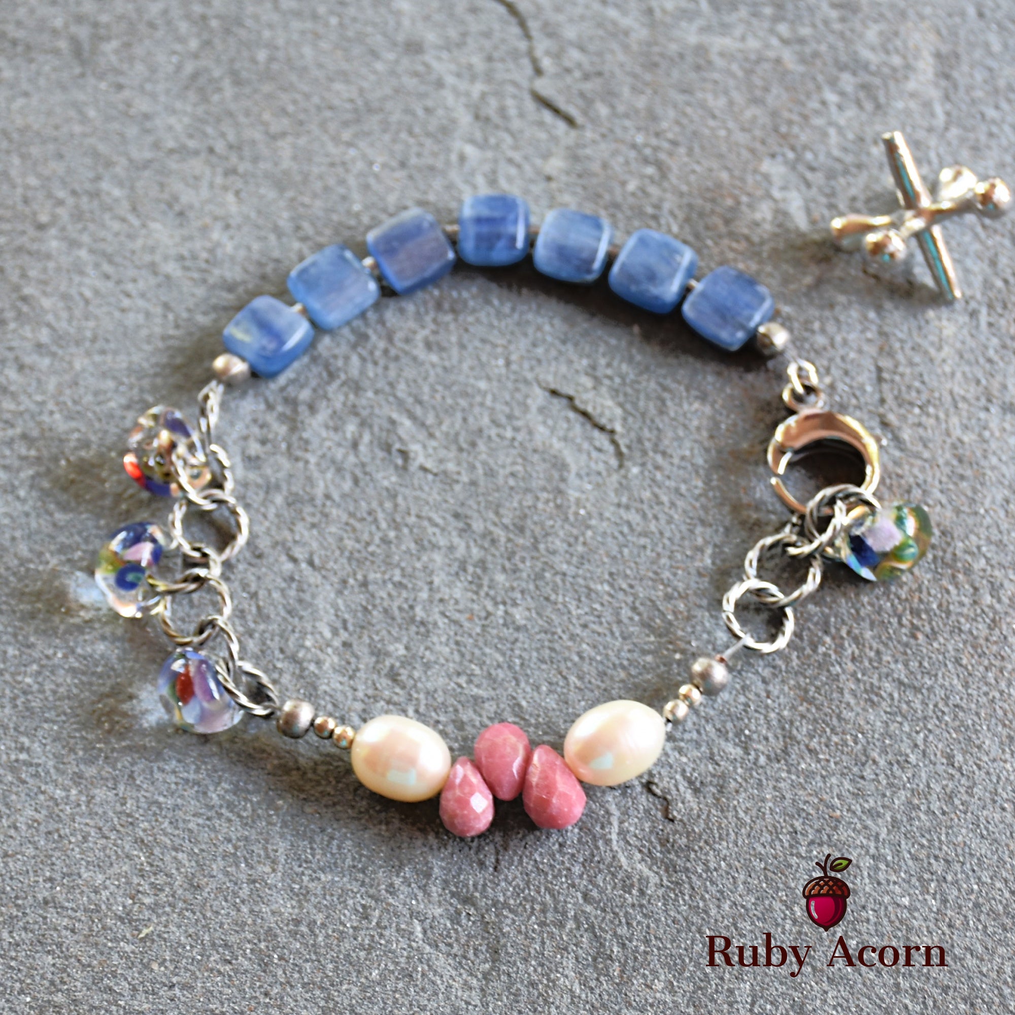 Potpourri Sachet Handmade Beaded Bracelet with Blue Kyanite, Fresh Water Pearls, Rhodochrosite, and Lampwork Glass