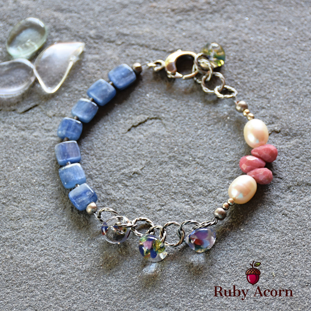 Potpourri Sachet Handmade Beaded Bracelet with Blue Kyanite, Fresh Water Pearls, Rhodochrosite, and Lampwork Glass