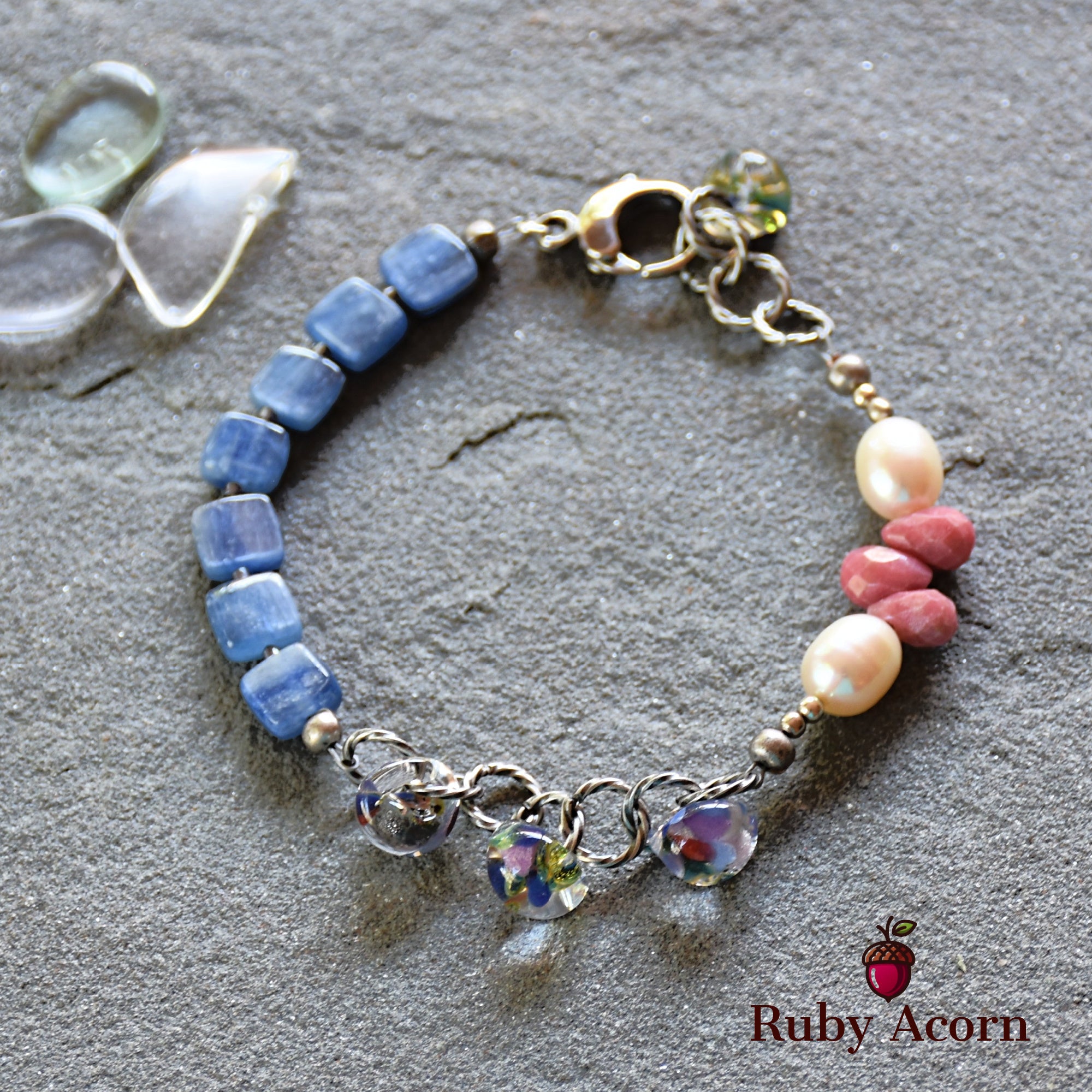 Potpourri Sachet Handmade Beaded Bracelet with Blue Kyanite, Fresh Water Pearls, Rhodochrosite, and Lampwork Glass