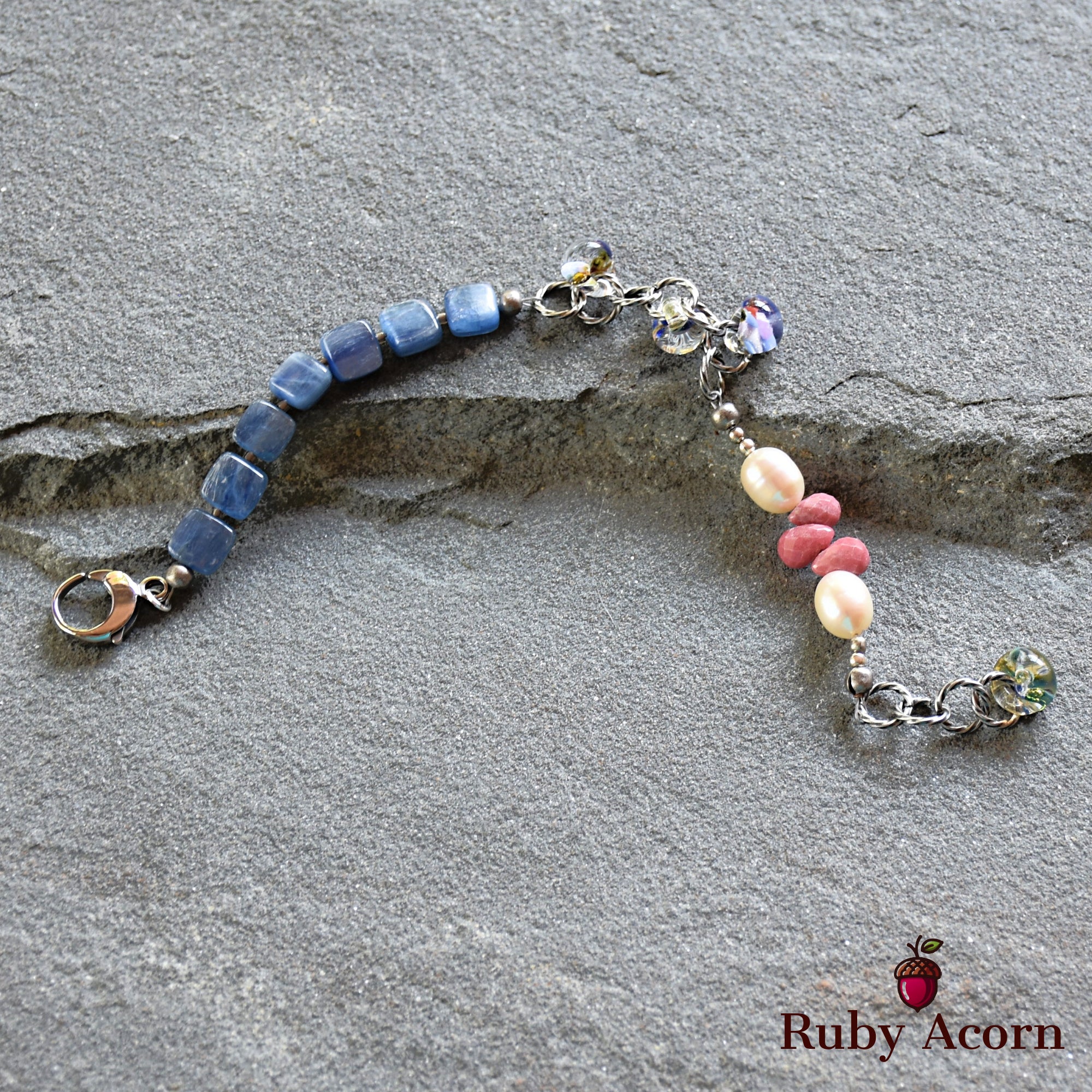 Potpourri Sachet Handmade Beaded Bracelet with Blue Kyanite, Fresh Water Pearls, Rhodochrosite, and Lampwork Glass