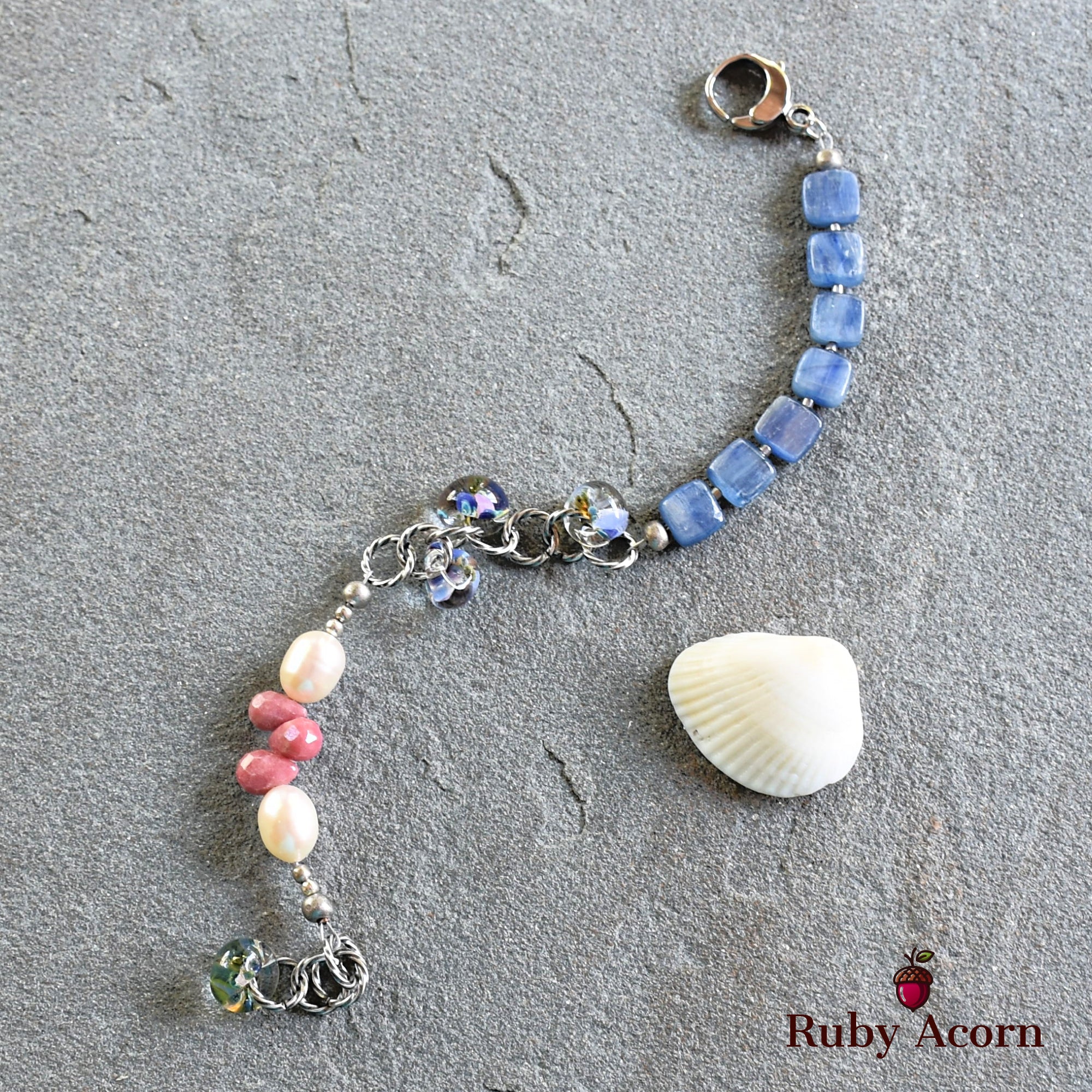 Potpourri Sachet Handmade Beaded Bracelet with Blue Kyanite, Fresh Water Pearls, Rhodochrosite, and Lampwork Glass