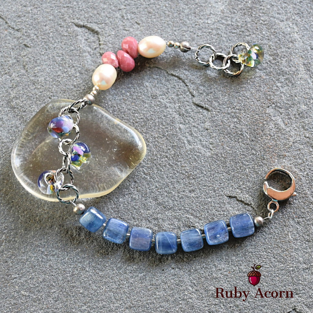 Potpourri Sachet Handmade Beaded Bracelet with Blue Kyanite, Fresh Water Pearls, Rhodochrosite, and Lampwork Glass