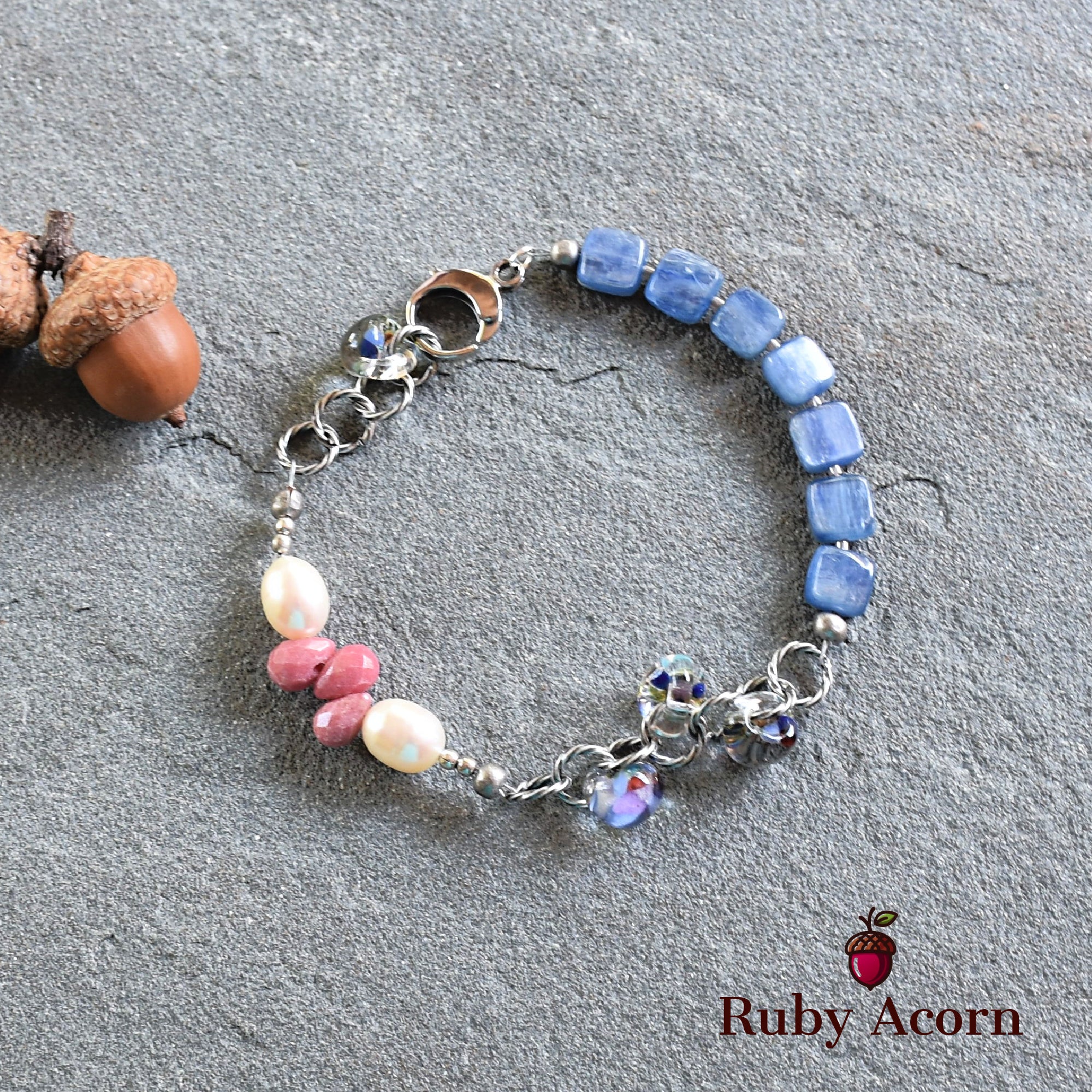 Potpourri Sachet Handmade Beaded Bracelet with Blue Kyanite, Fresh Water Pearls, Rhodochrosite, and Lampwork Glass