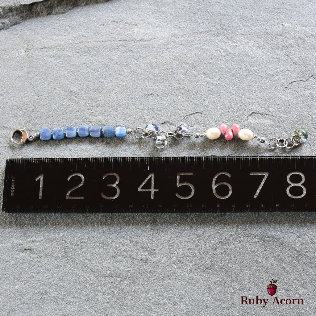 Potpourri Sachet Handmade Beaded Bracelet with Blue Kyanite, Fresh Water Pearls, Rhodochrosite, and Lampwork Glass