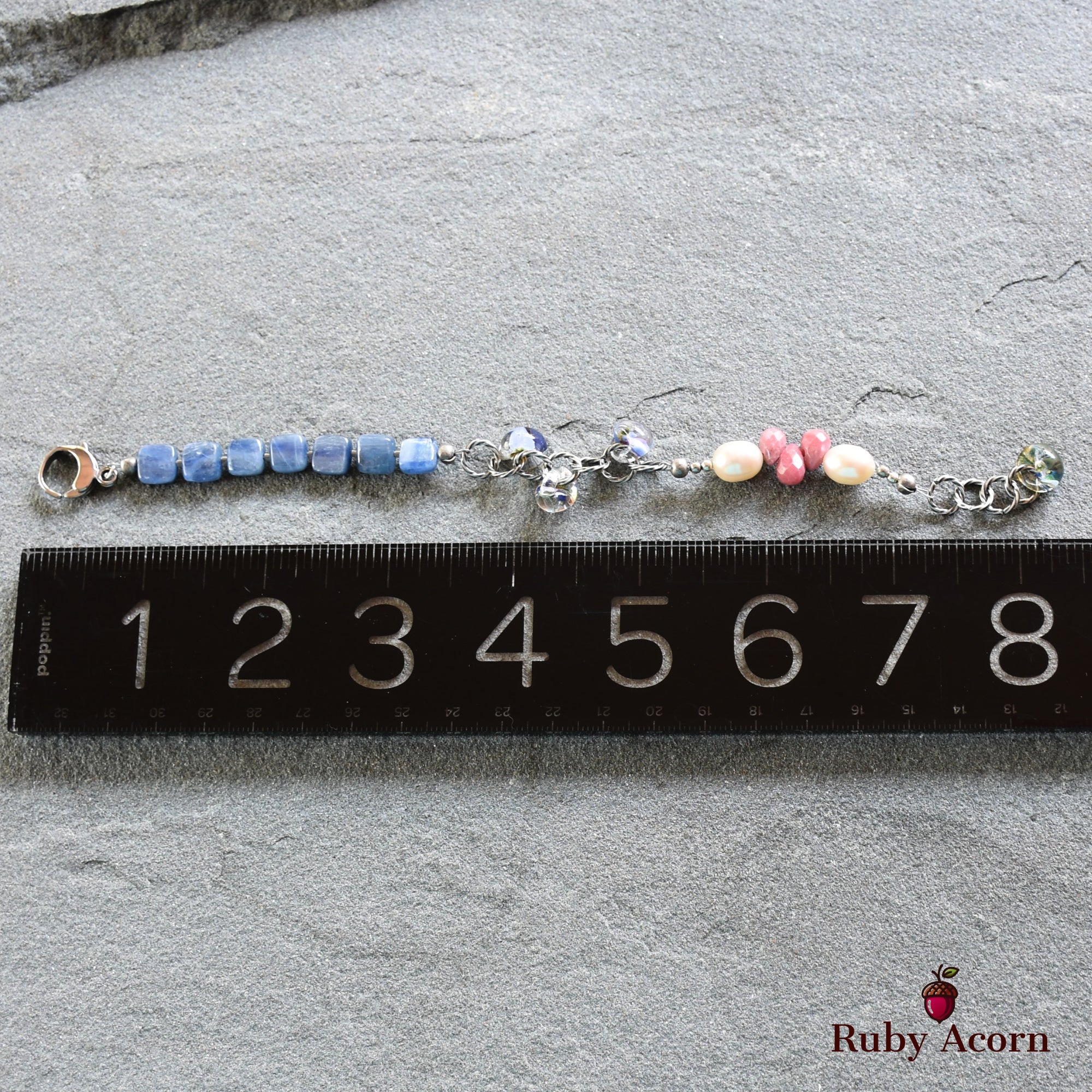 Potpourri Sachet Handmade Beaded Bracelet with Blue Kyanite, Fresh Water Pearls, Rhodochrosite, and Lampwork Glass