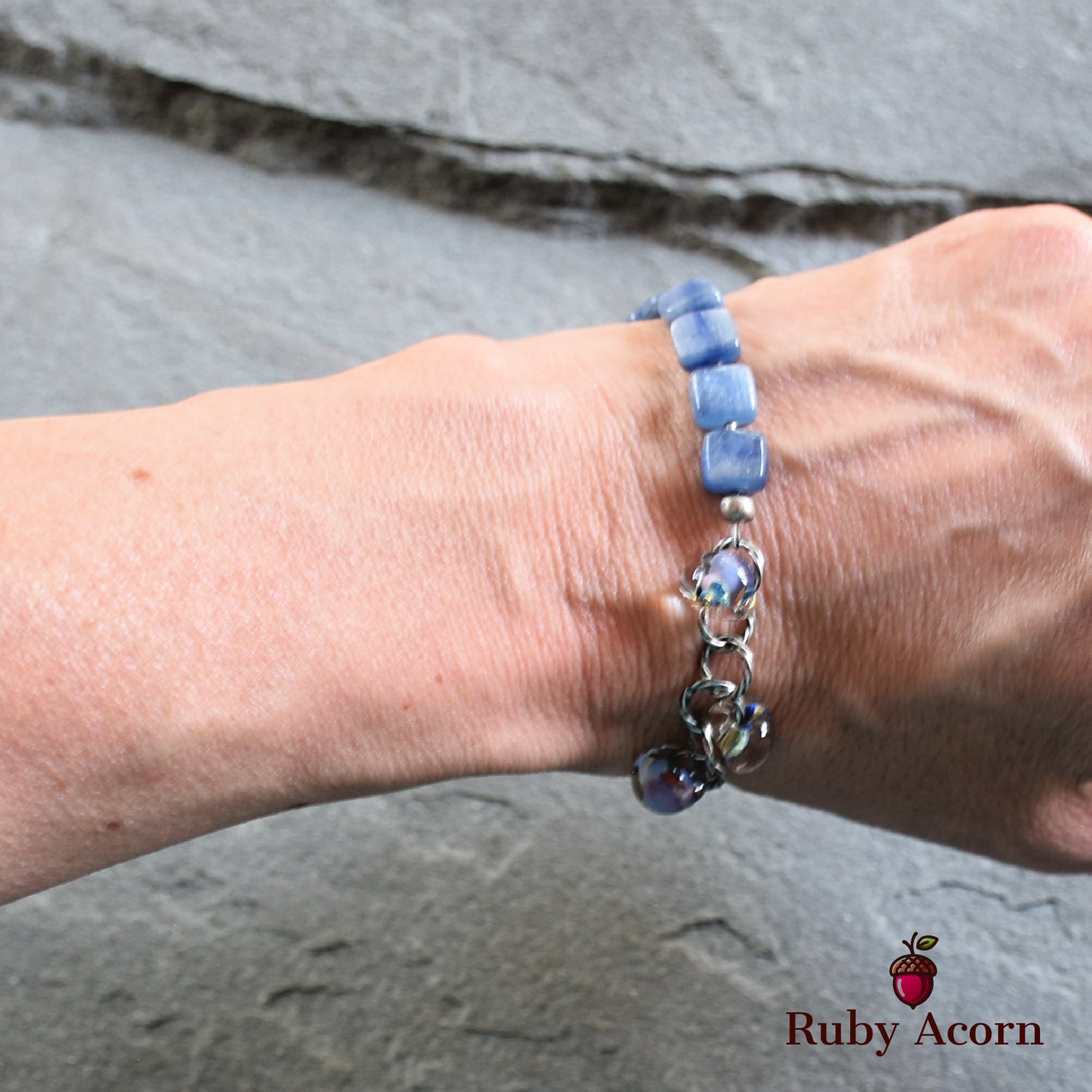 Potpourri Sachet Handmade Beaded Bracelet with Blue Kyanite, Fresh Water Pearls, Rhodochrosite, and Lampwork Glass