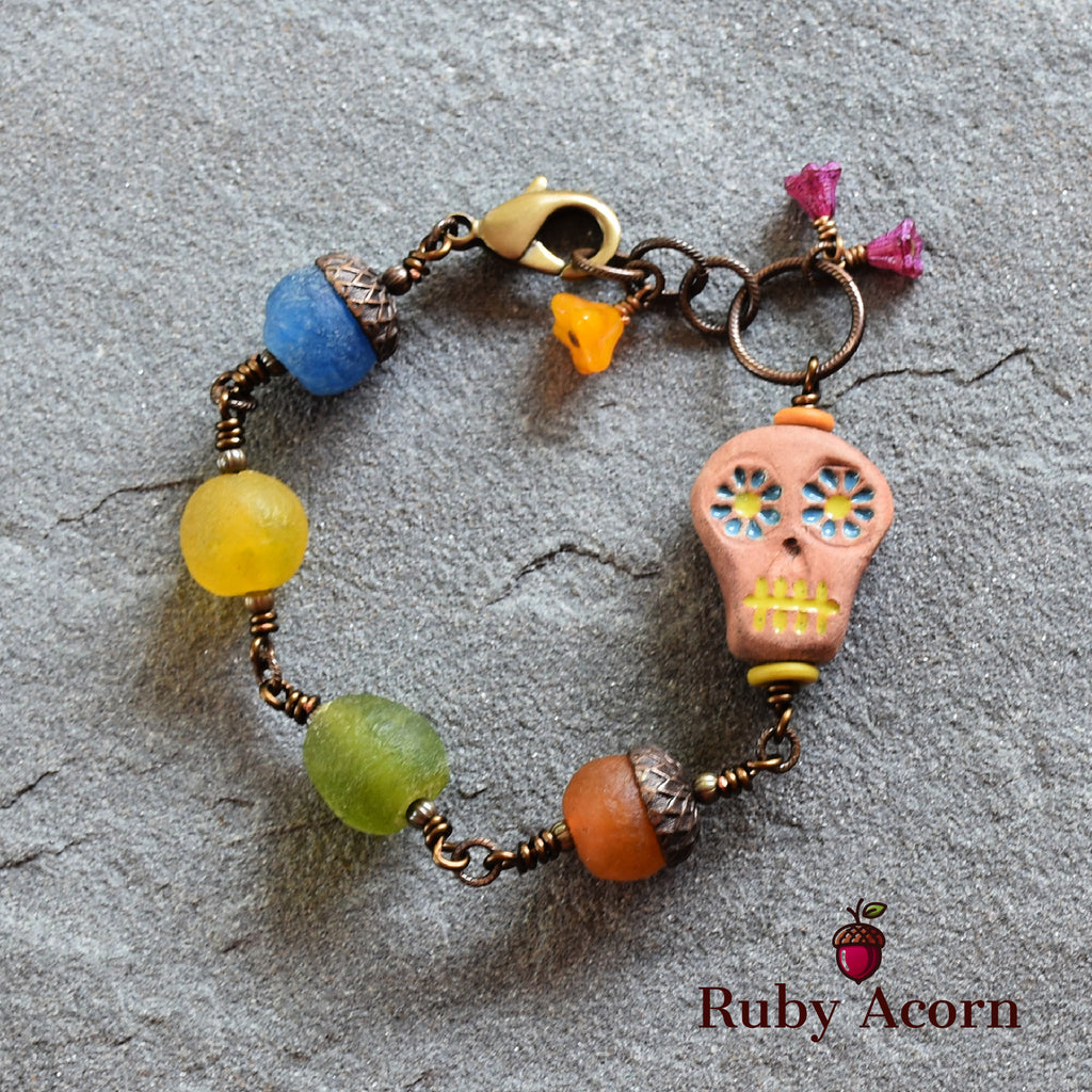 Rainbow Sugar Skull Handmade Wire Wrapped Bracelet with Artisan Ceramic Focal and Recycled African Glass
