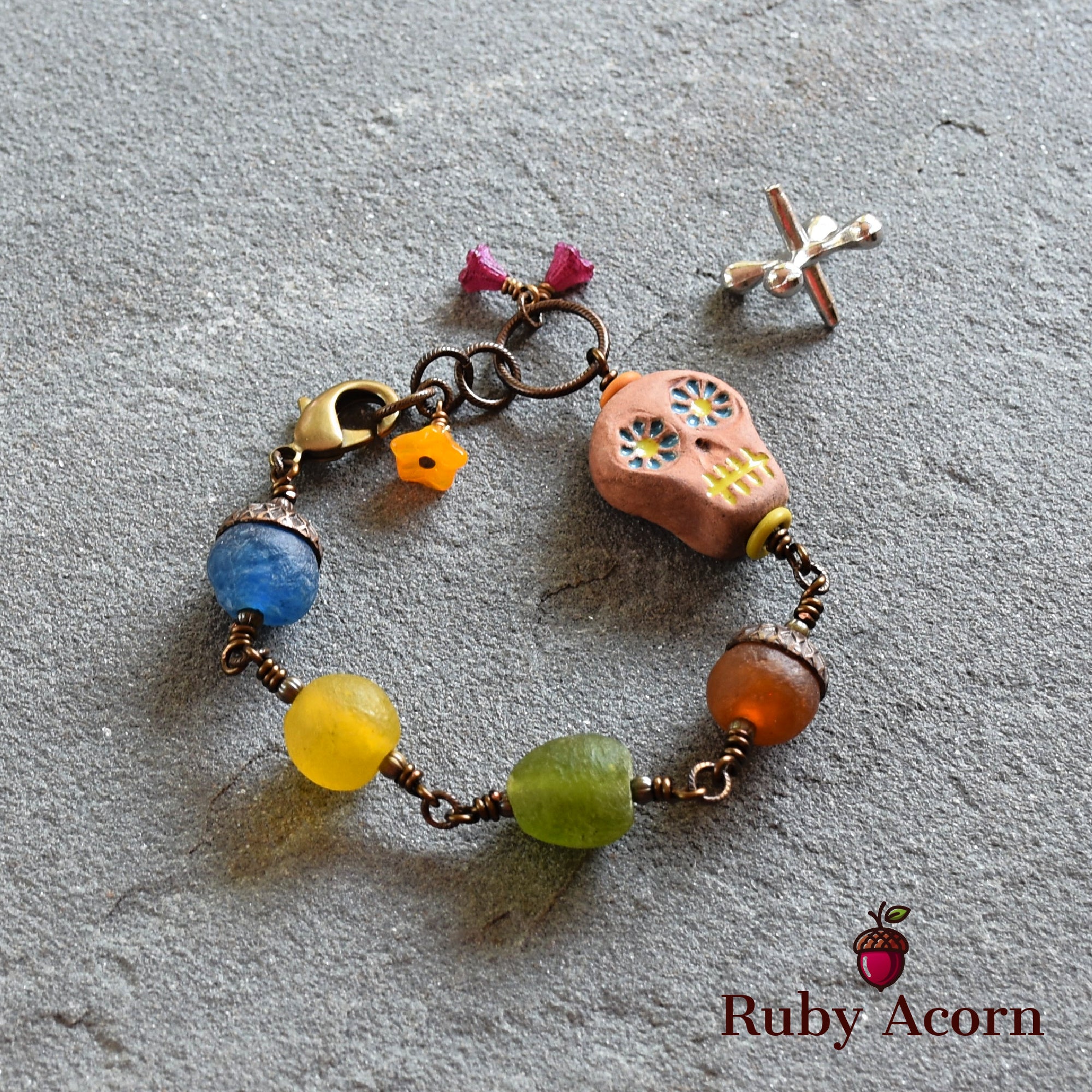Rainbow Sugar Skull Handmade Wire Wrapped Bracelet with Artisan Ceramic Focal and Recycled African Glass