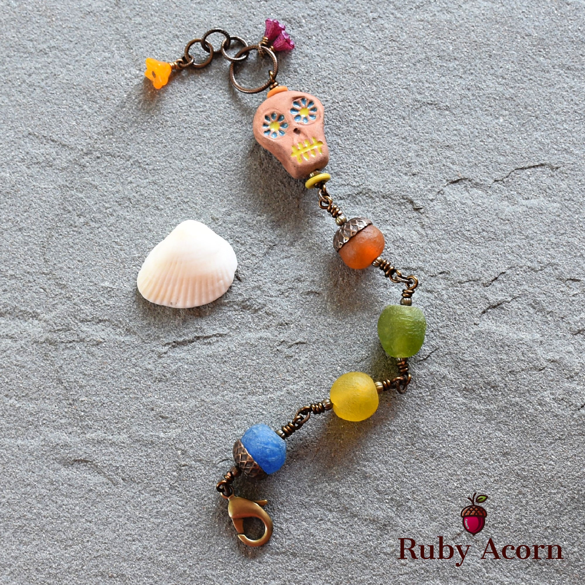 Rainbow Sugar Skull Handmade Wire Wrapped Bracelet with Artisan Ceramic Focal and Recycled African Glass