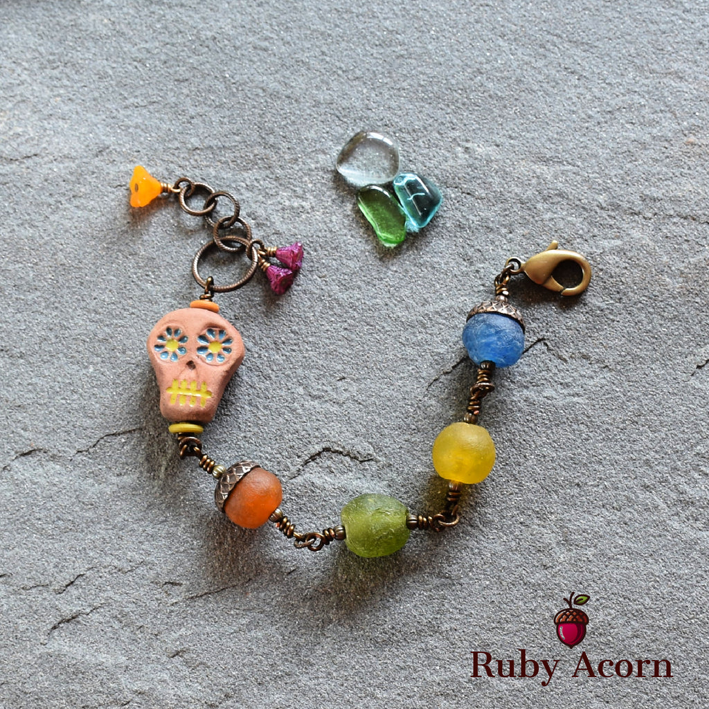 Rainbow Sugar Skull Handmade Wire Wrapped Bracelet with Artisan Ceramic Focal and Recycled African Glass