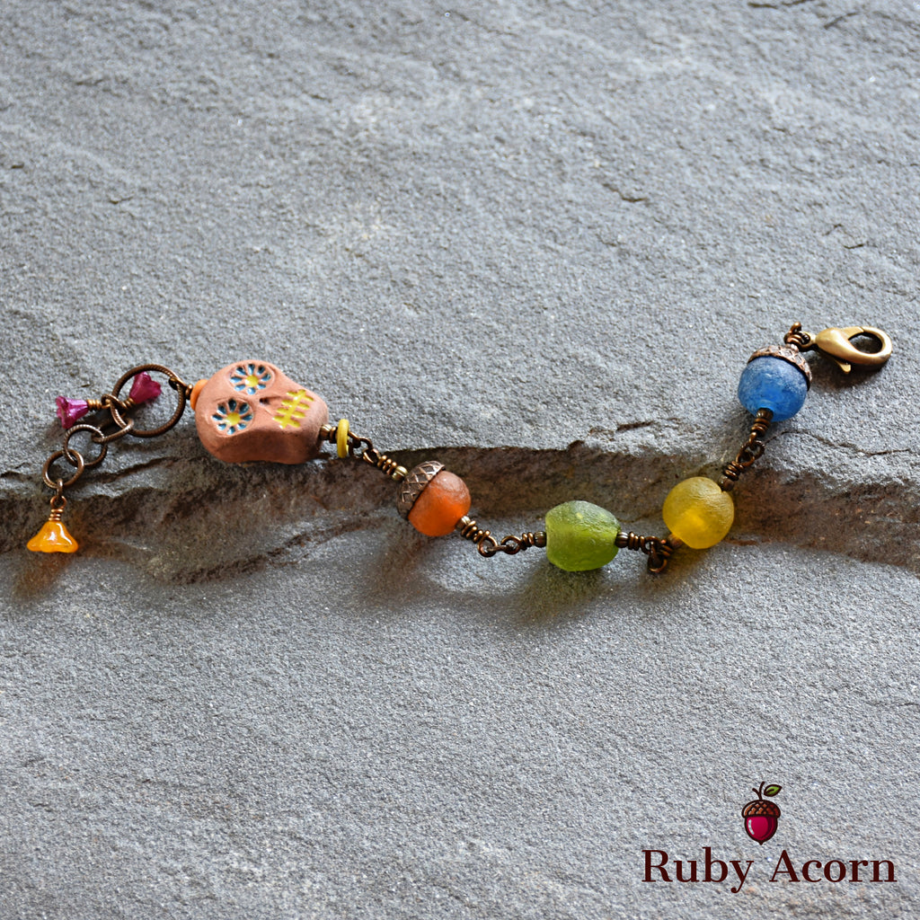Rainbow Sugar Skull Handmade Wire Wrapped Bracelet with Artisan Ceramic Focal and Recycled African Glass