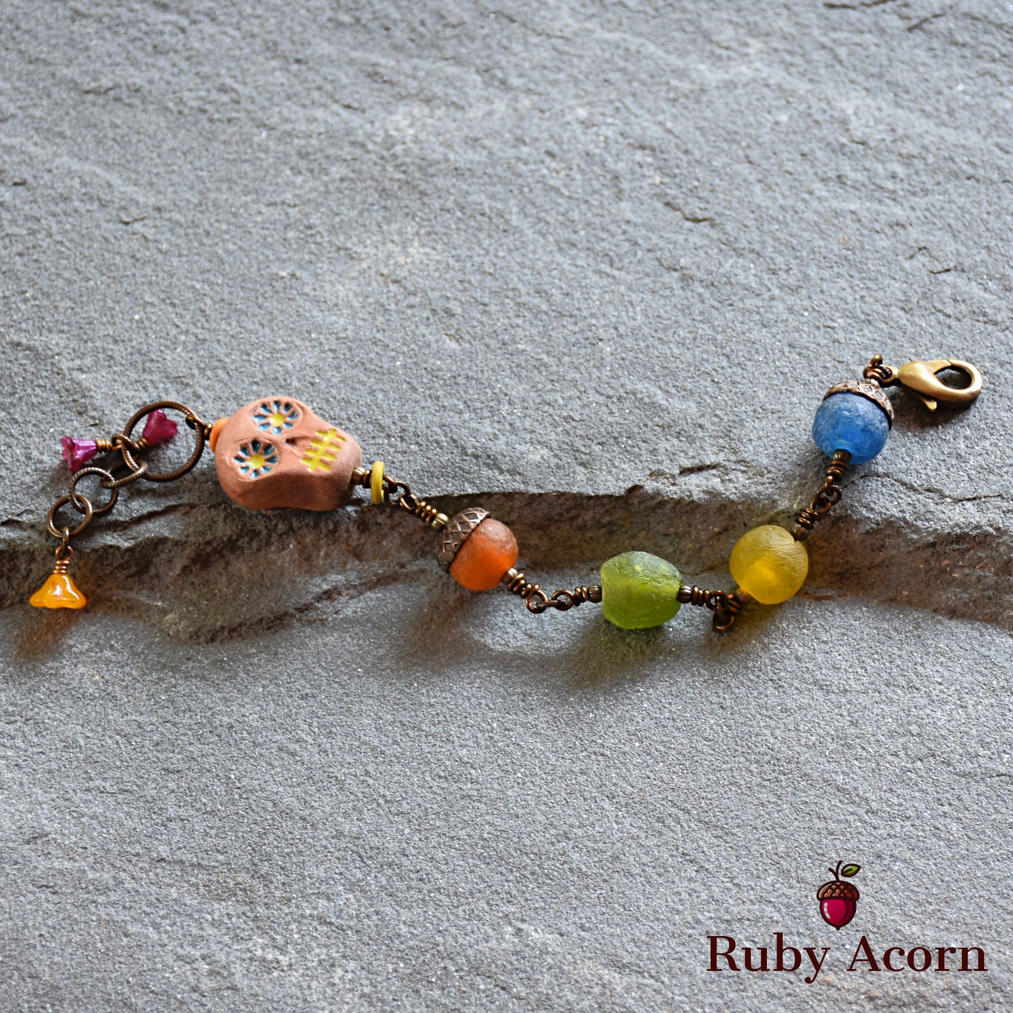 Rainbow Sugar Skull Handmade Wire Wrapped Bracelet with Artisan Ceramic Focal and Recycled African Glass