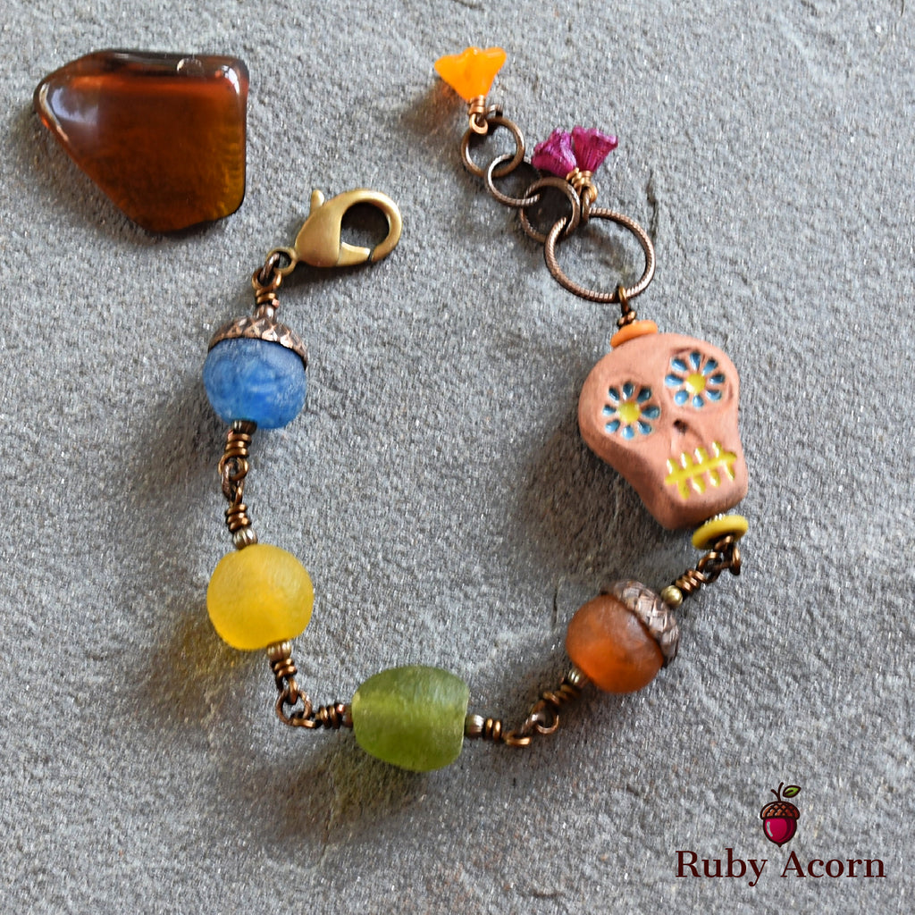 Rainbow Sugar Skull Handmade Wire Wrapped Bracelet with Artisan Ceramic Focal and Recycled African Glass